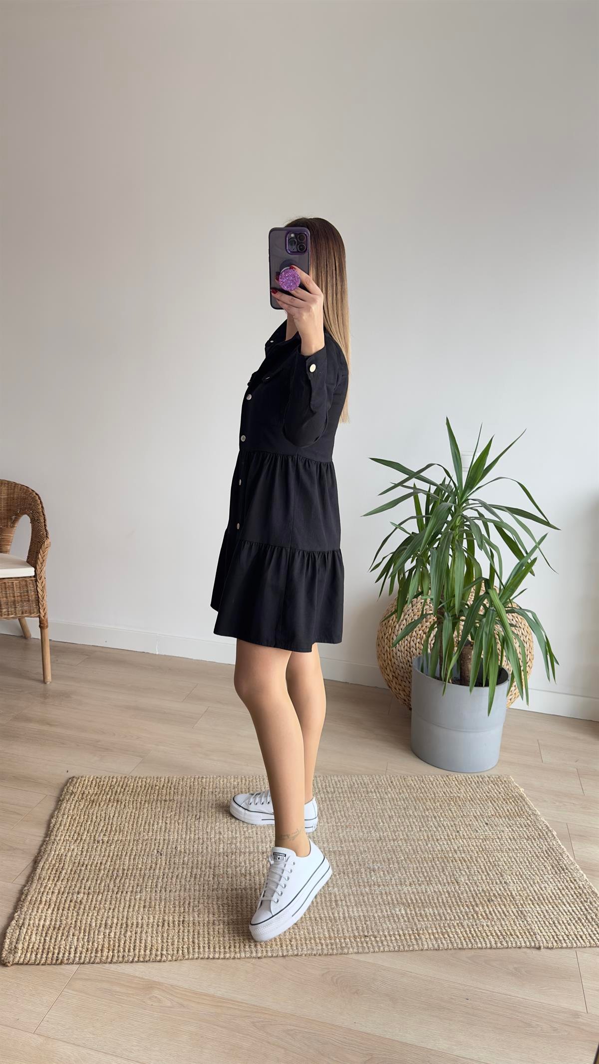 Volanlı Siyah Denim Elbise 