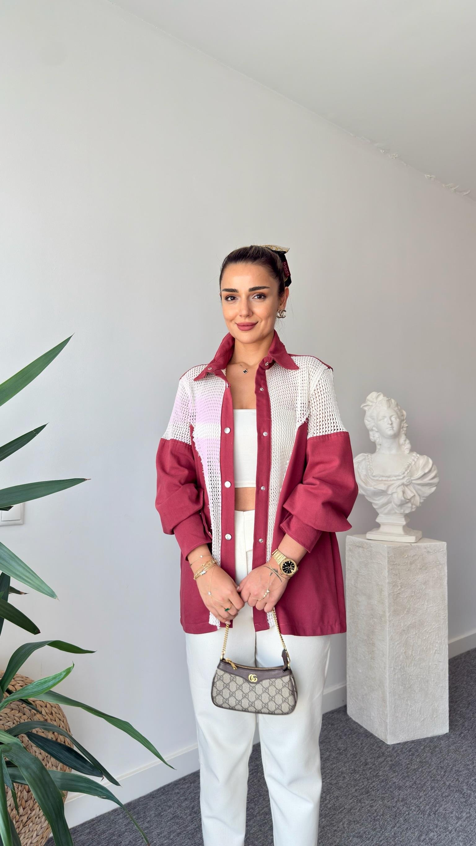 Bordo Riga File Detaylı Gömlek Ceket