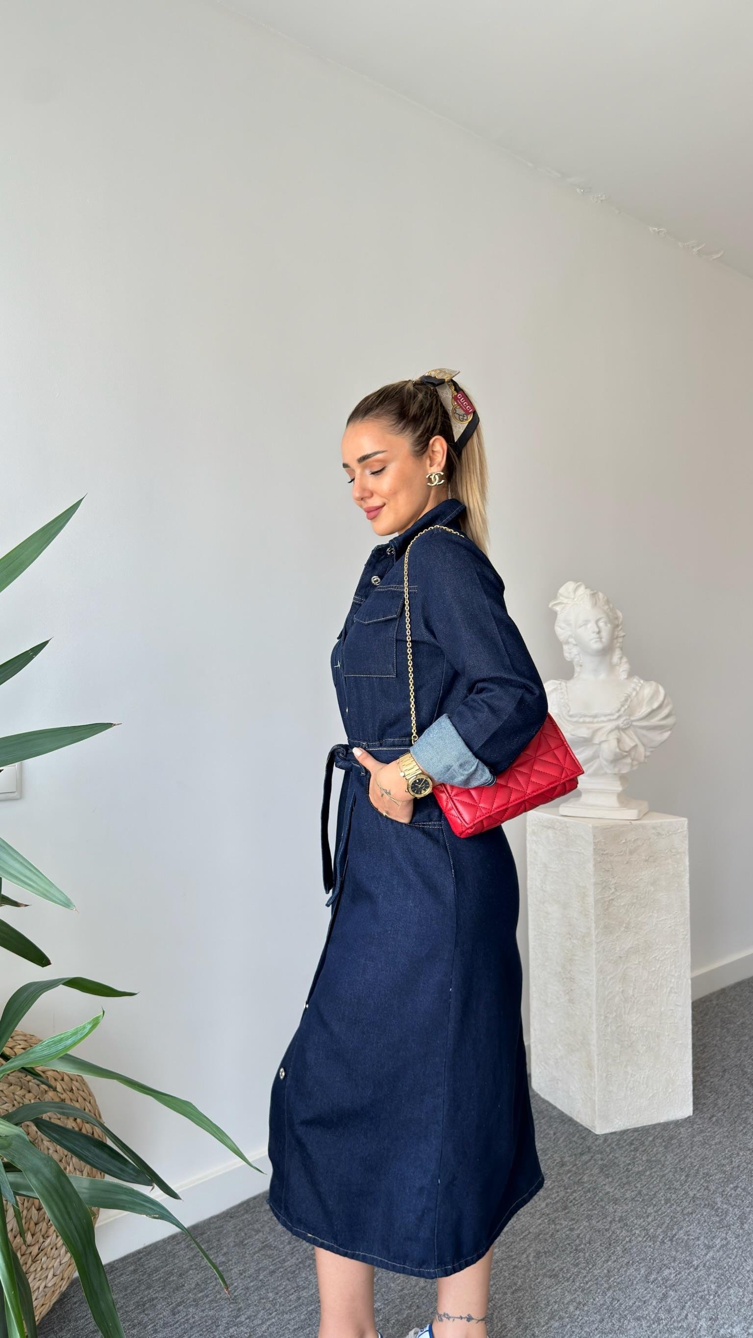 Jeru Lacivert Kemerli Jean Elbise 