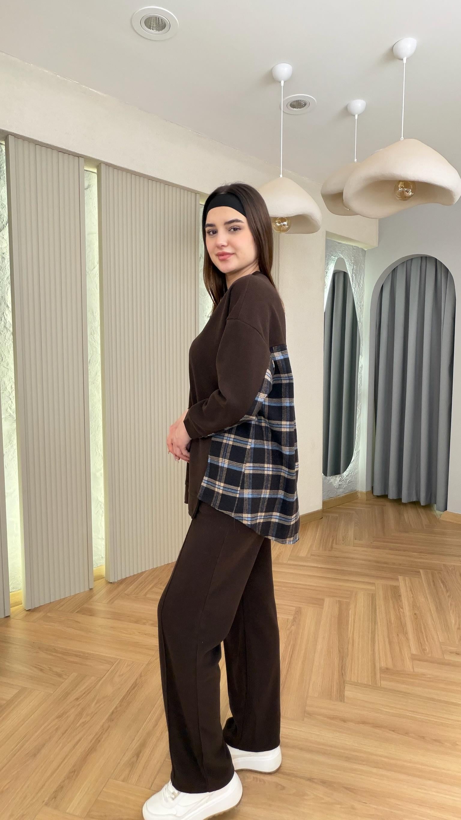 Kahve Lapel Ekose Garnili Selanik Takım