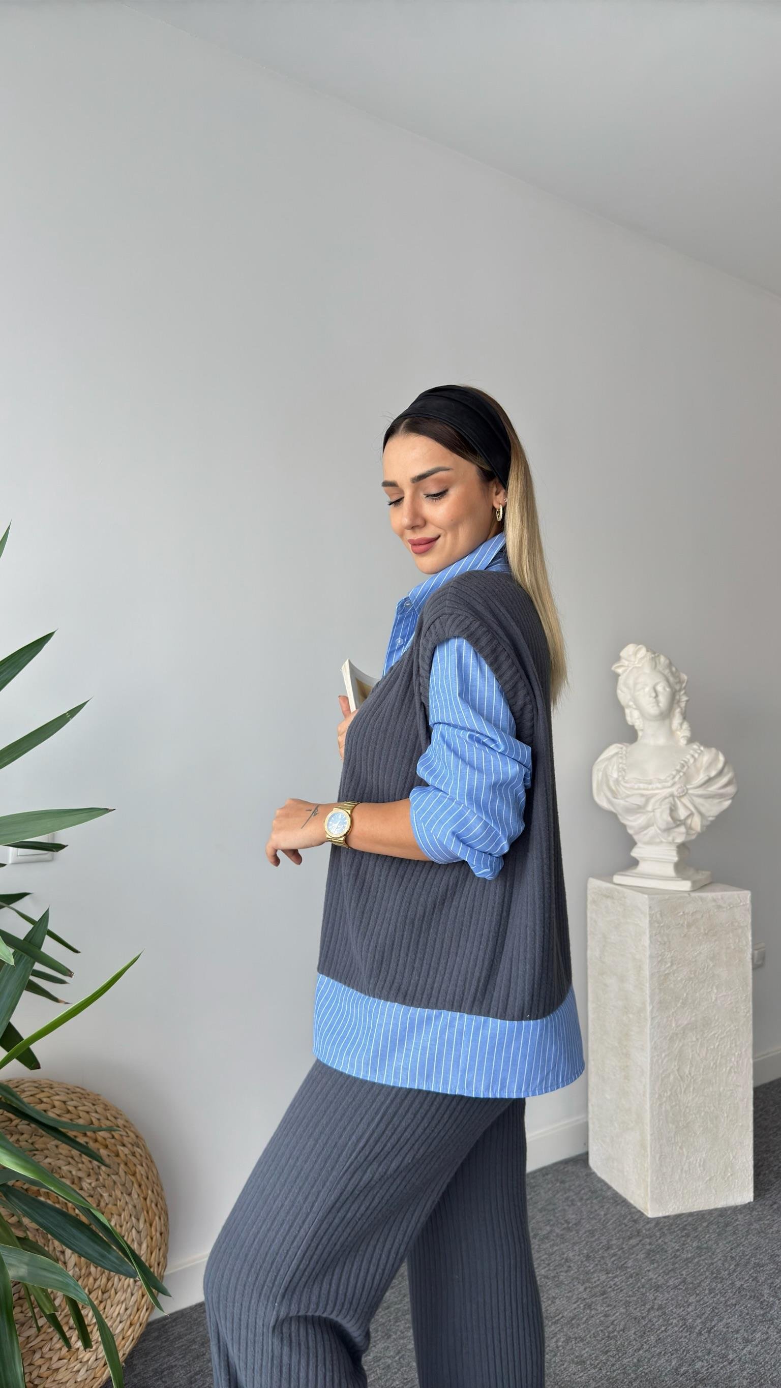 Gömlek Detaylı Örme İkili Takım