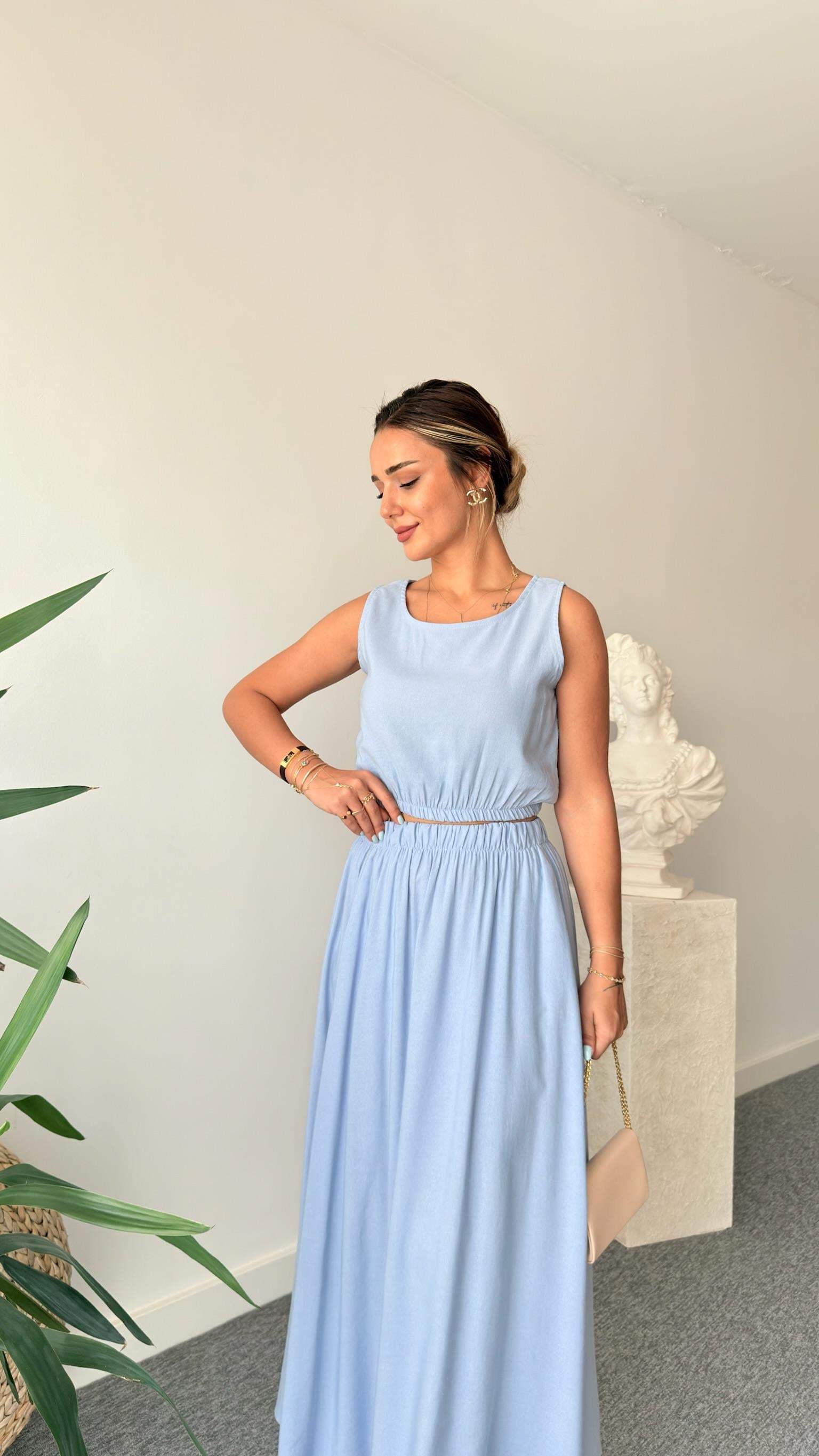 Mavi Keten Etekli Crop Takım