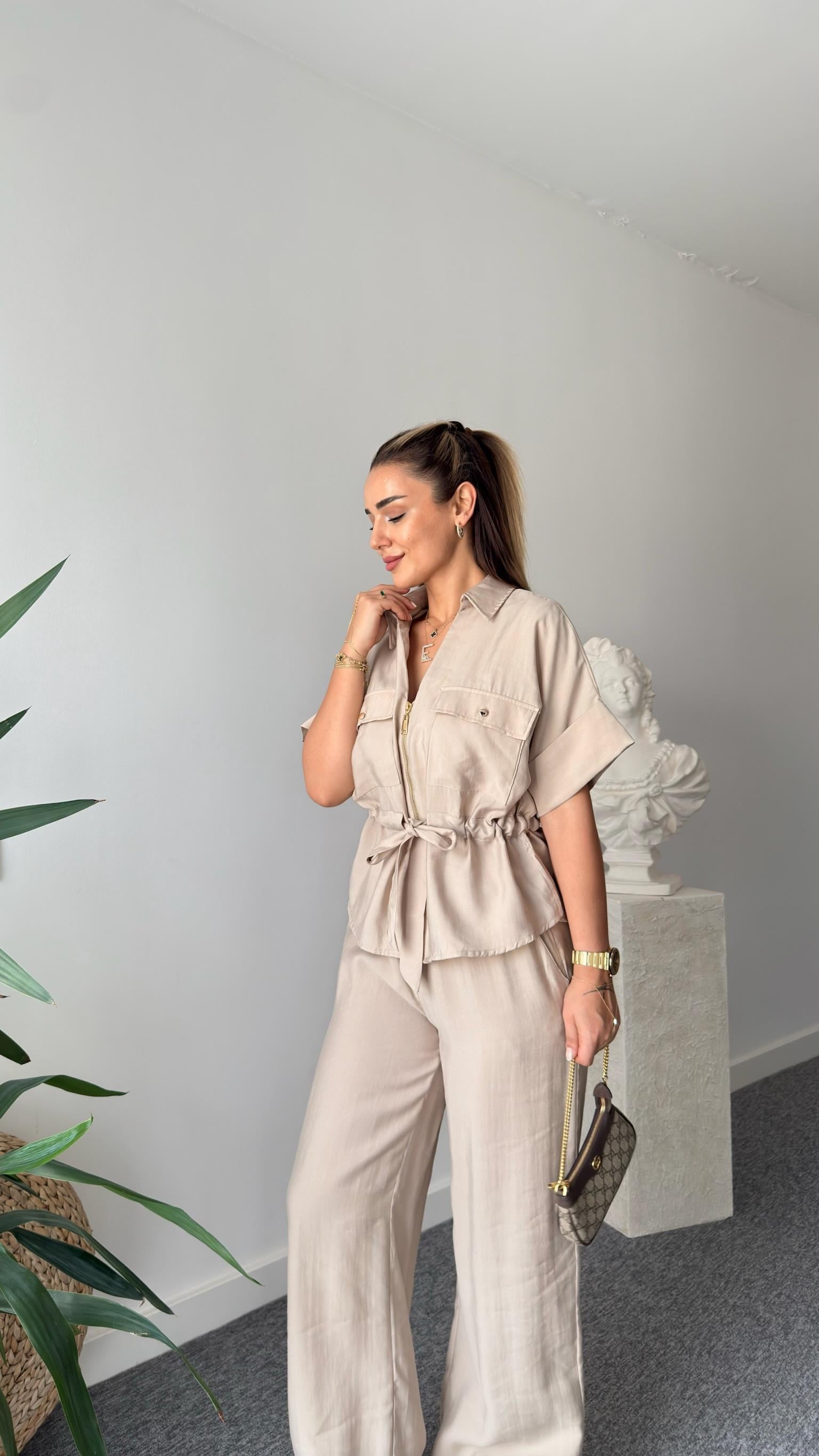 Bej Resa Gold Fermuarlı Tensel Takım