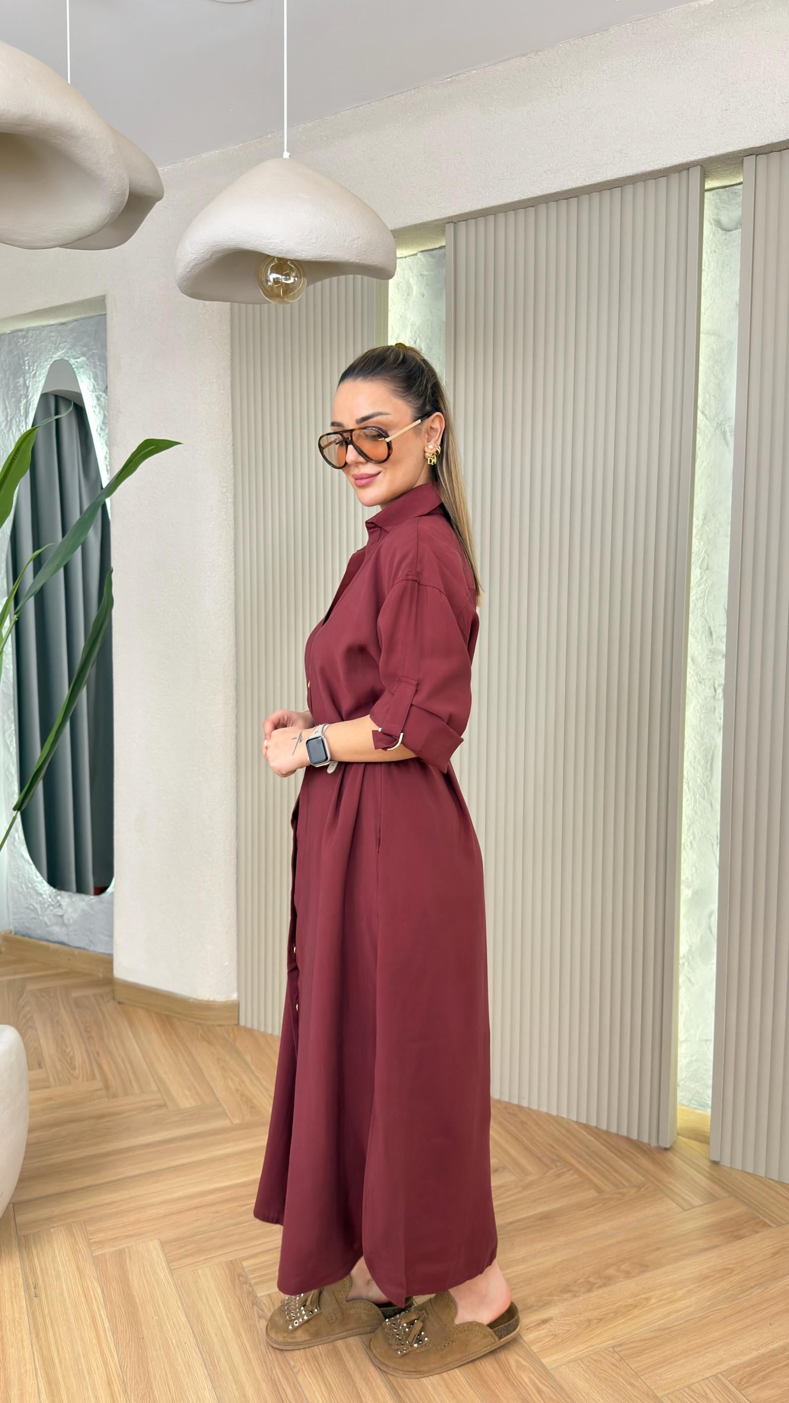 Bordo Leydia Tensel Gömlek Elbise 