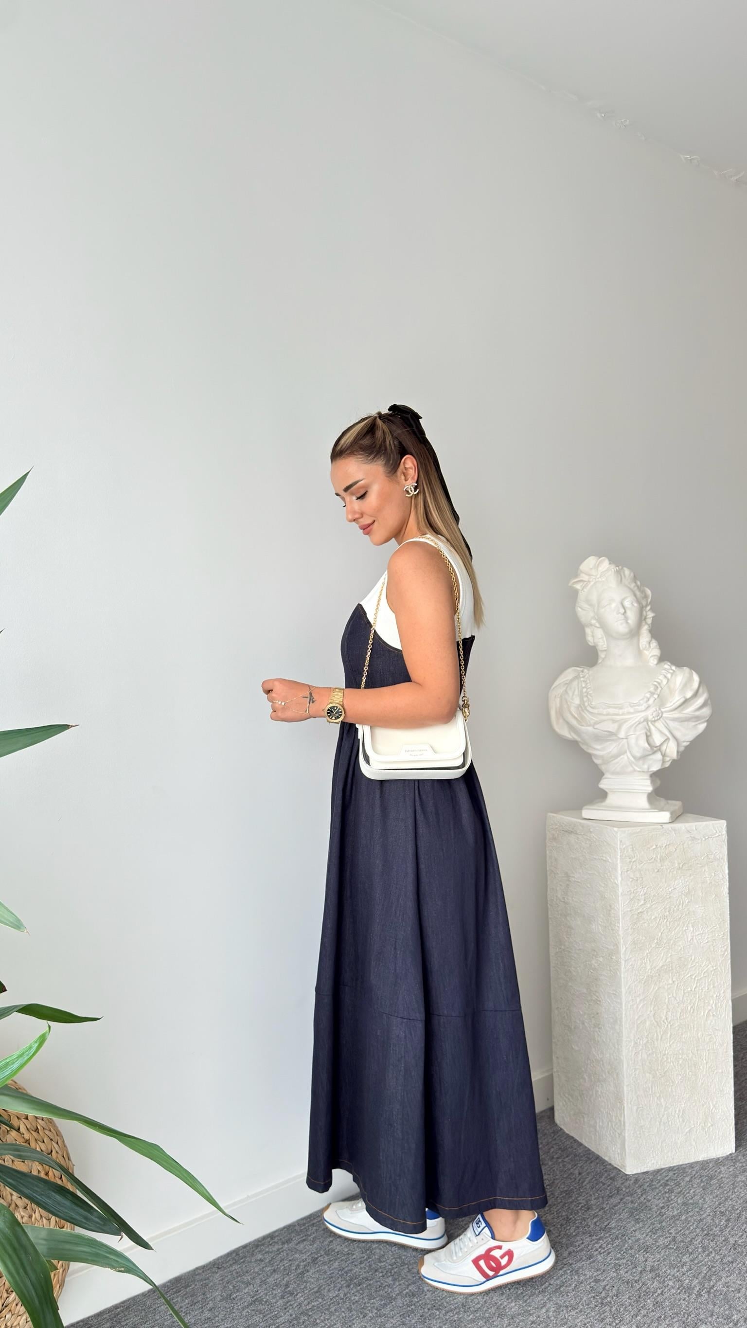 Penye Garni Mix Fermuarlı Jean Elbise 