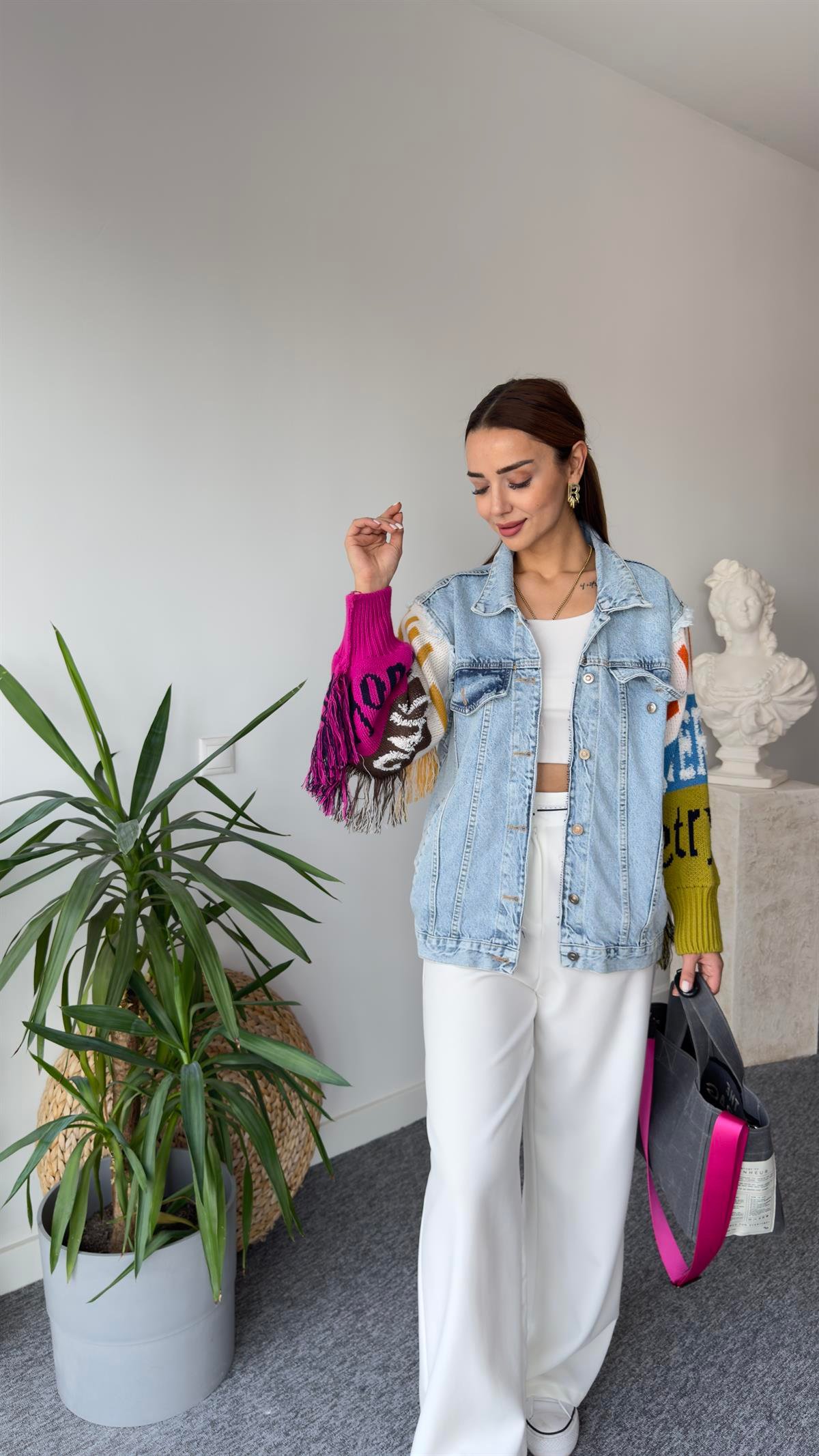 Marka Model Kolları Renkli Triko Detay Ceket 