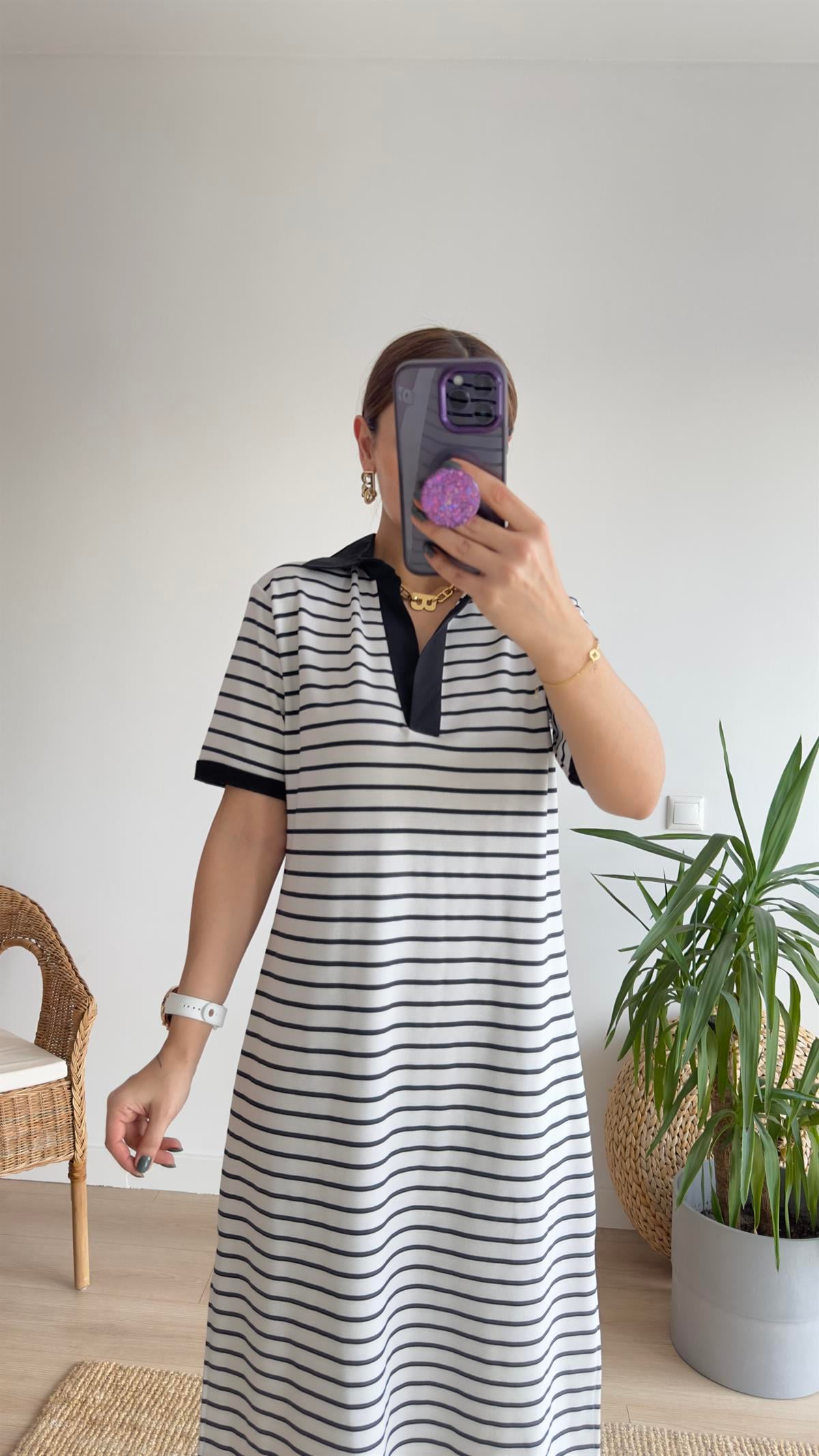 Çizgili Polo Yaka Basic Elbise