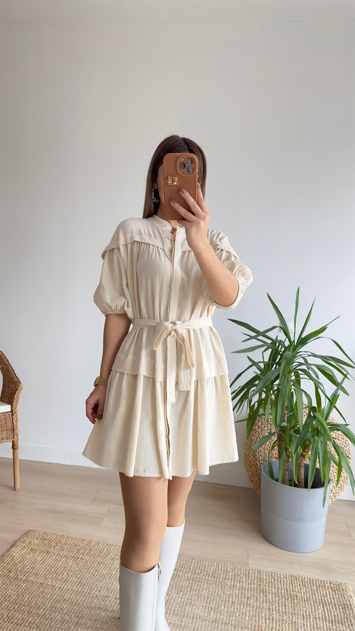 Esina Katlı Taş Keten Elbise 