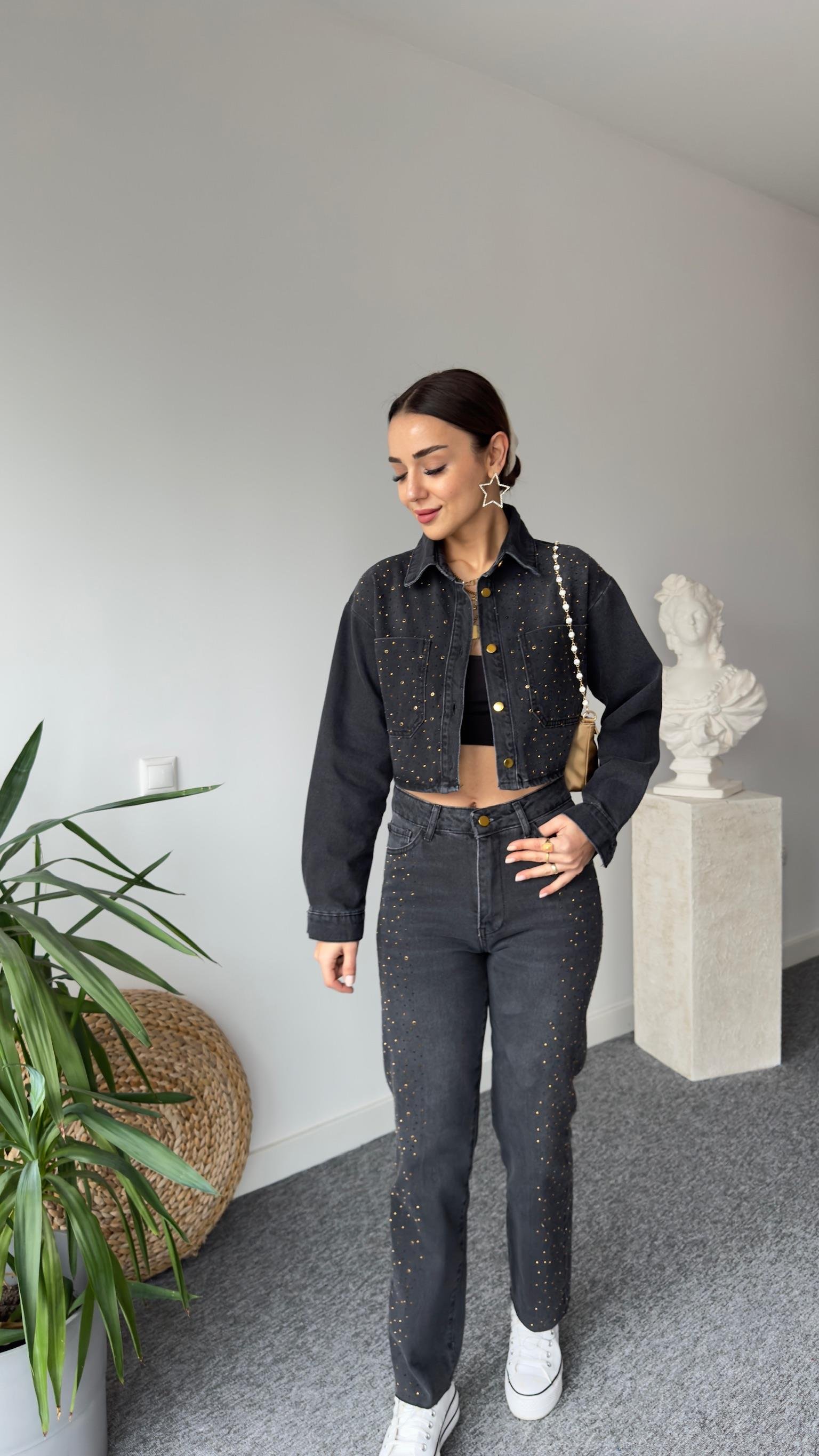 Zra Model Taşlı Antrasit Jean Takım