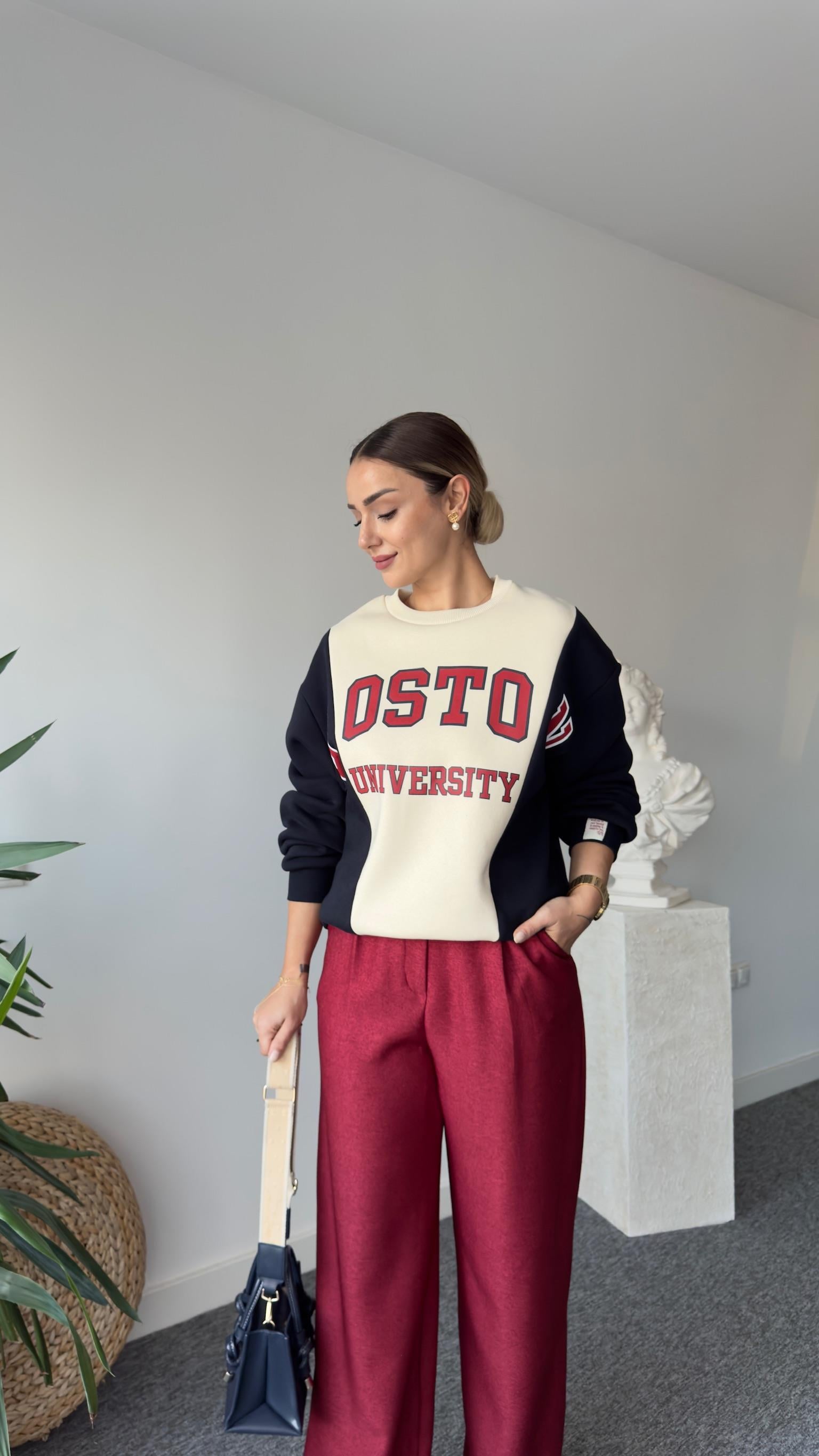 Boston Yazılı Çift Renk Sweatshirt