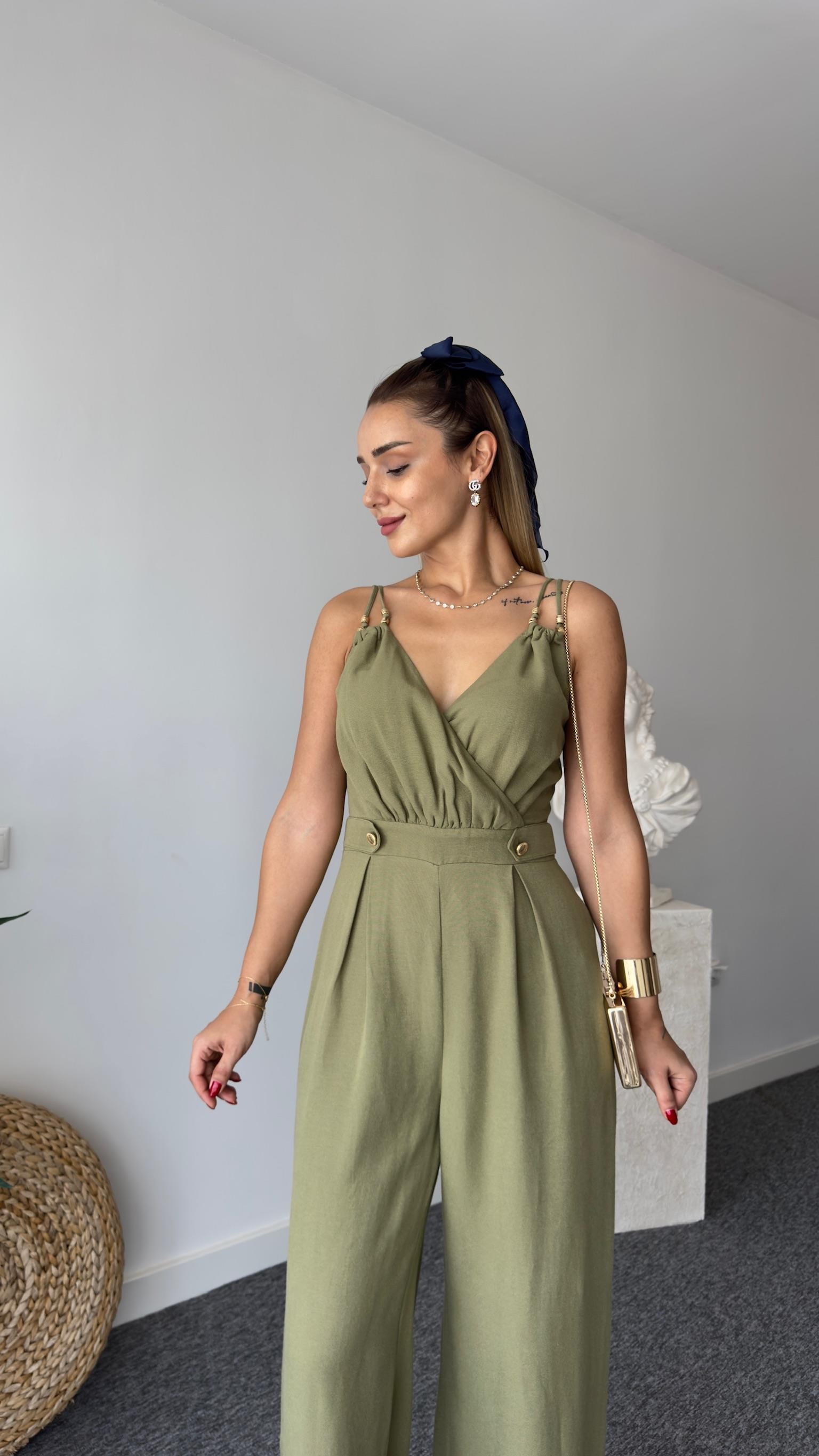 Lıu Gold Detaylı Haki Keten Tulum