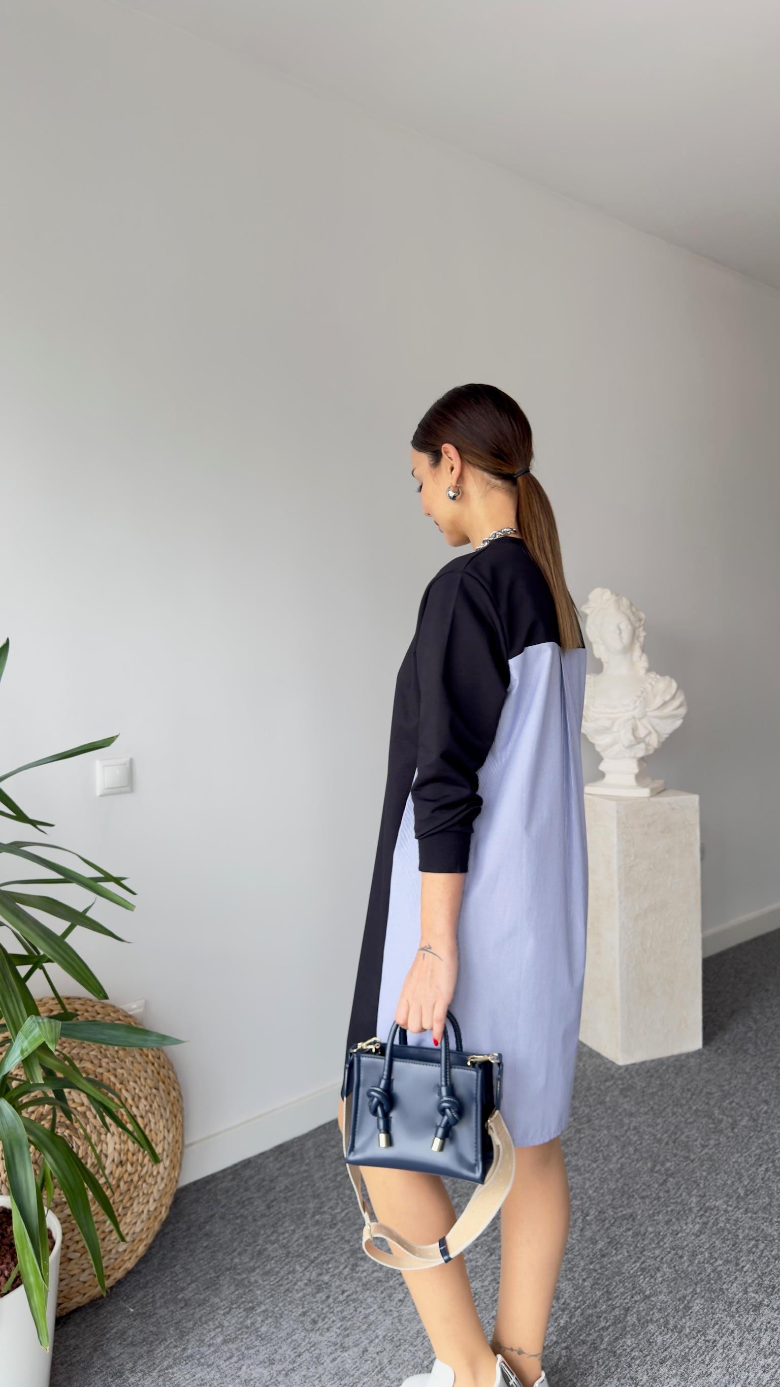 Sırt Çizgili Poplin Detay Basic Elbise 