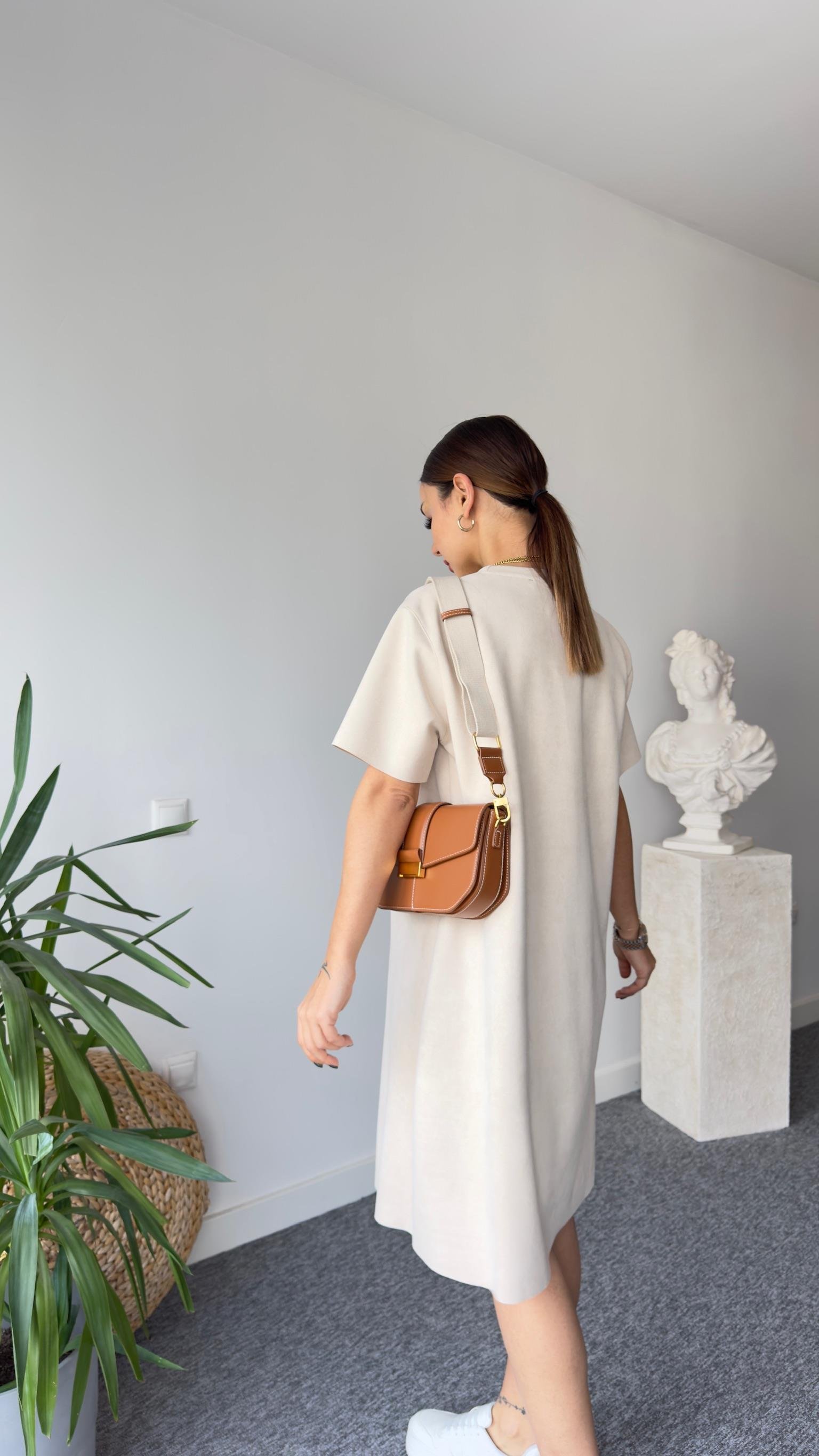 Krem Süet Basic Elbise