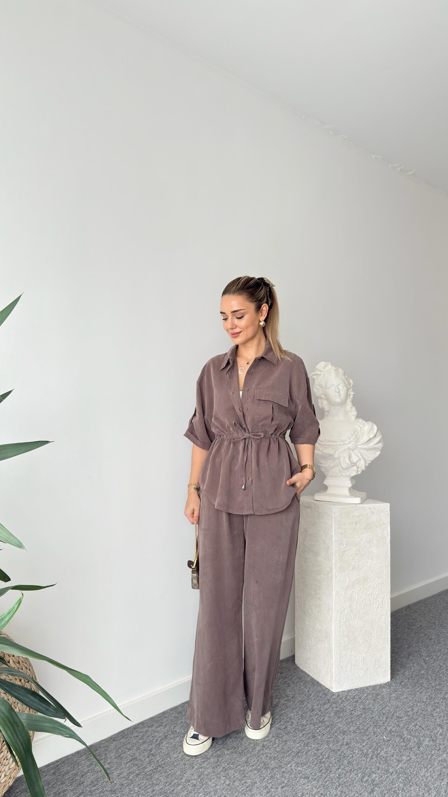 Kahve Neva Bel Büzgülü Tensel Takım