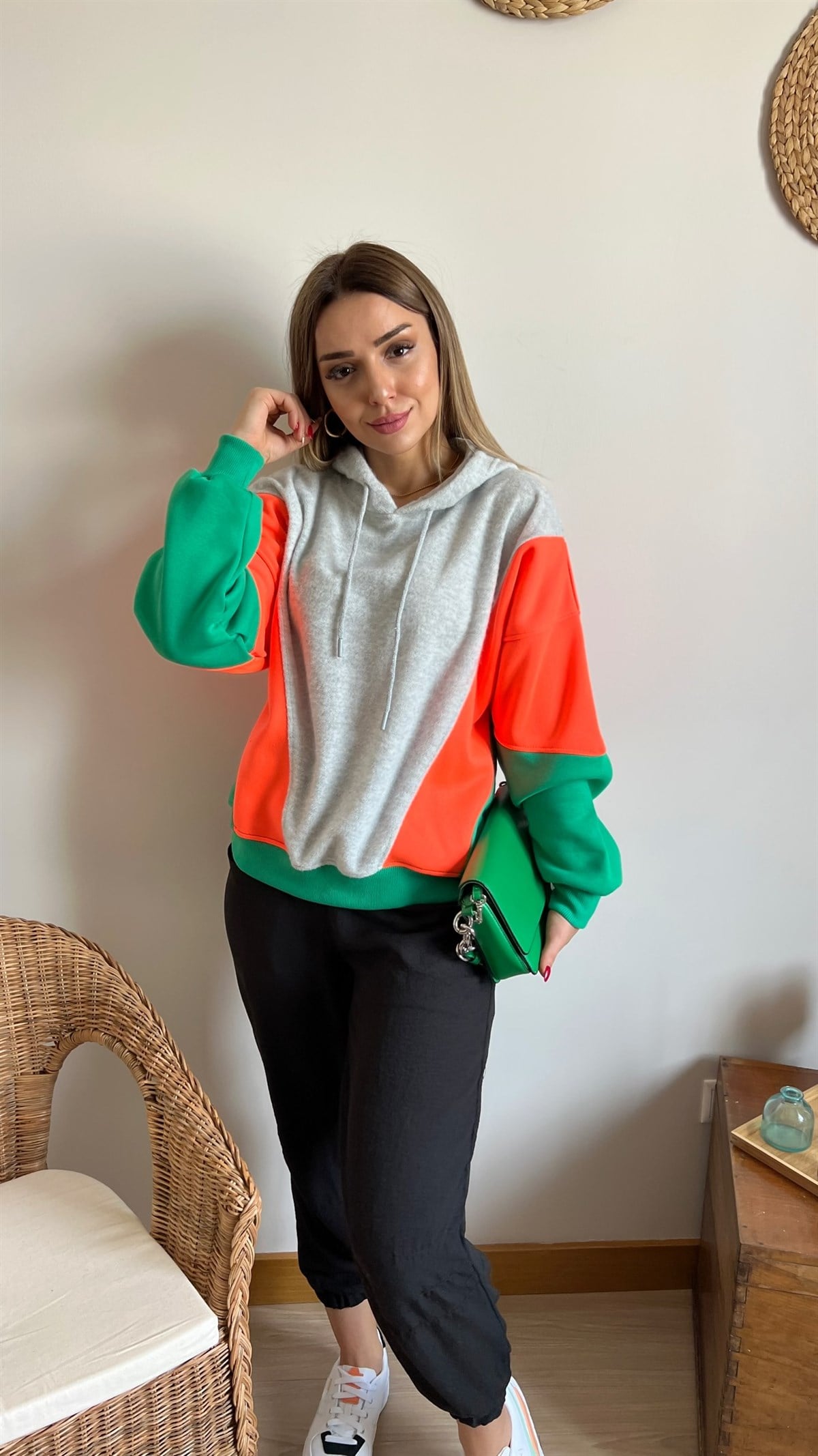 Renk Bloklu Gri Sweatshirt