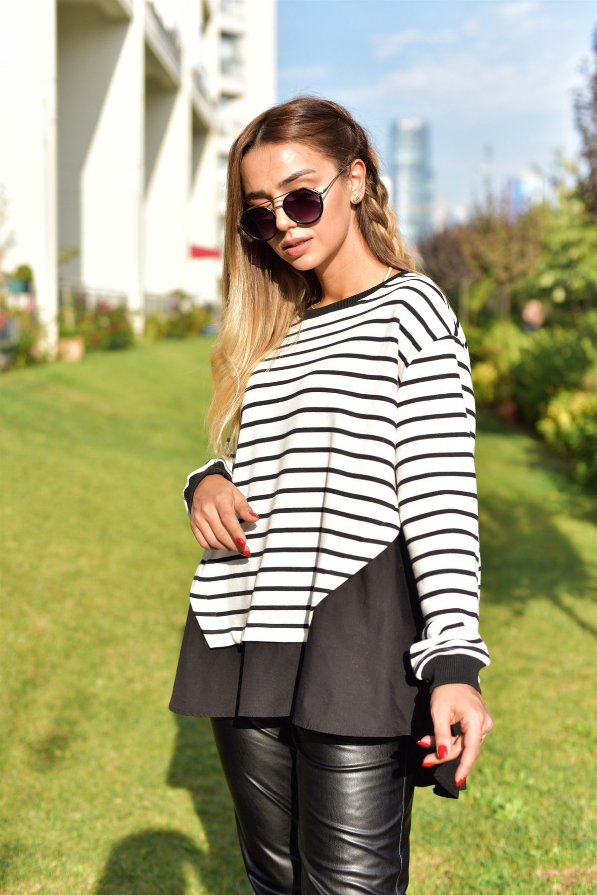 Poplin Detaylı Çizgili Sweatshirt