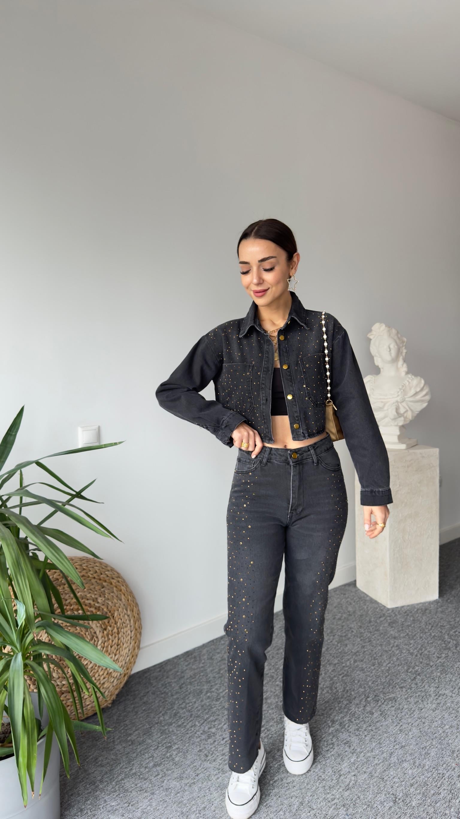 Zra Model Taşlı Antrasit Jean Takım