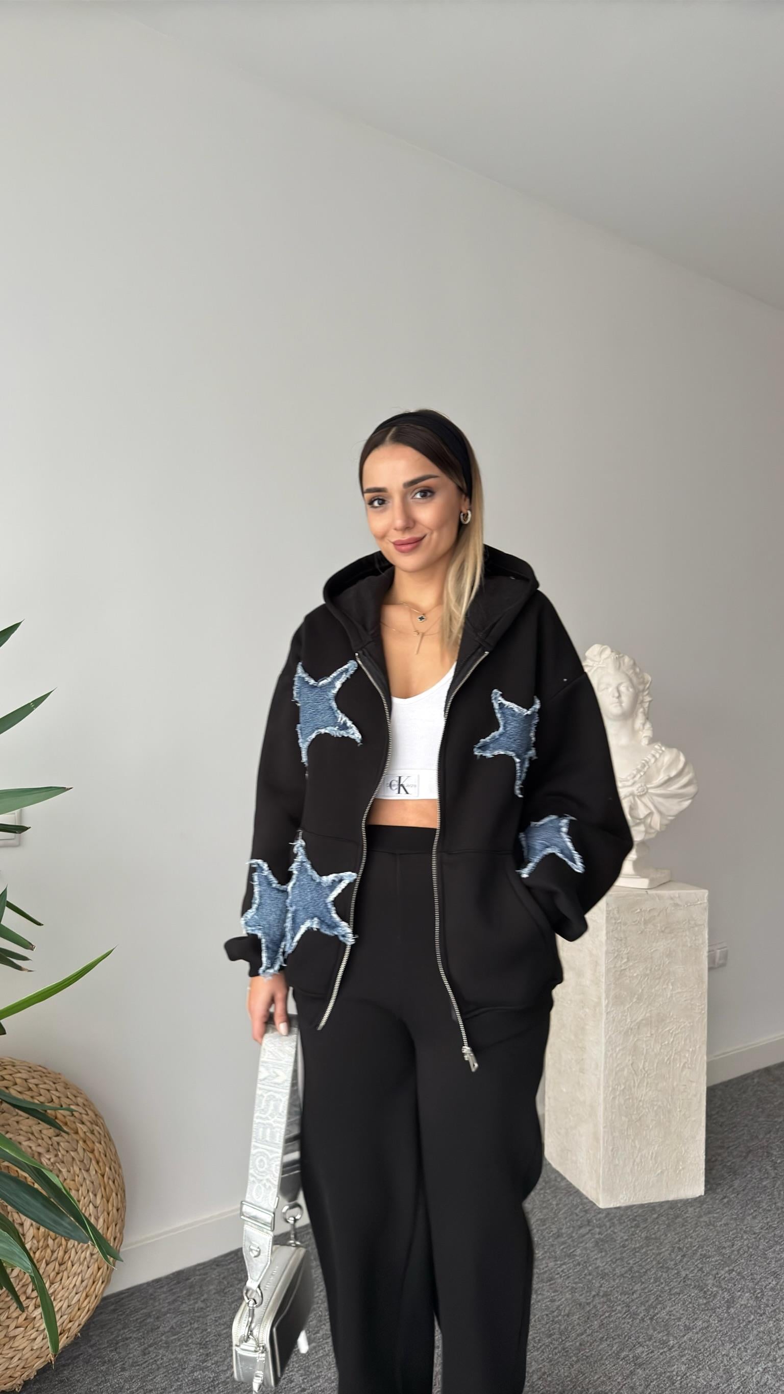 Denim Yıldız Detaylı Siyah Tasarım Takım
