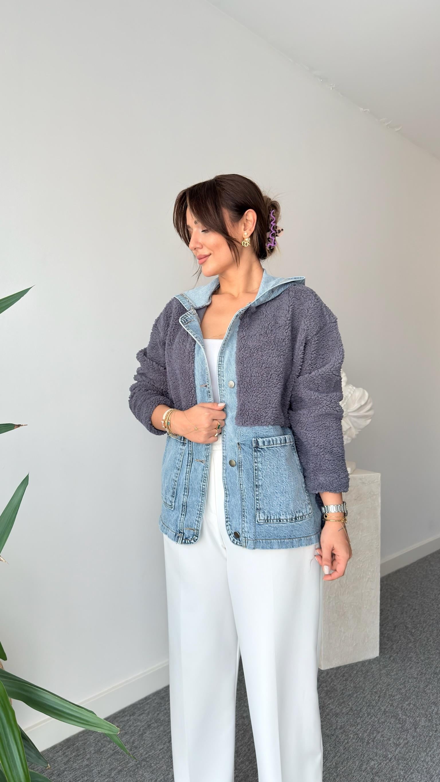 Kot Detaylı Antrasit Teddy Ceket