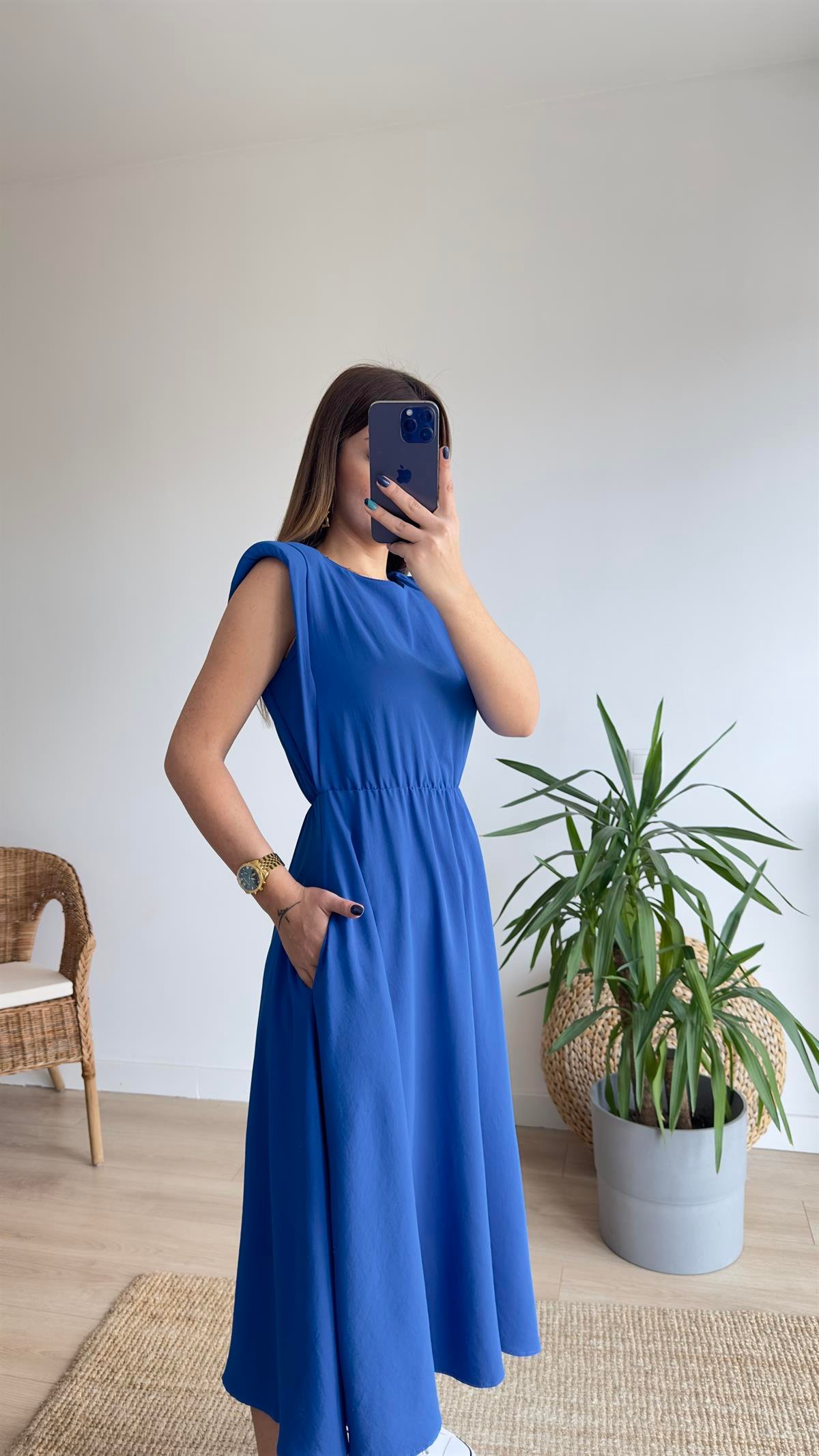 Beli Lastikli Vatkalı Mavi Basic Elbise 