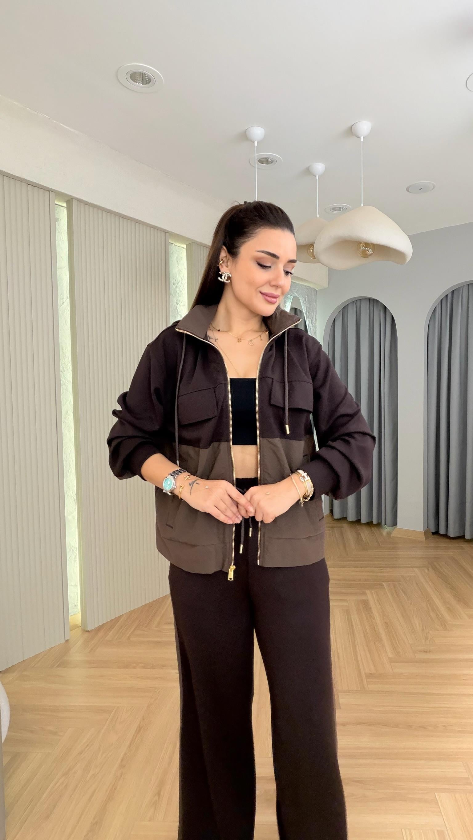 Kahve Lofen Paraşüt Garnili Kapüşonlu Modal Takım