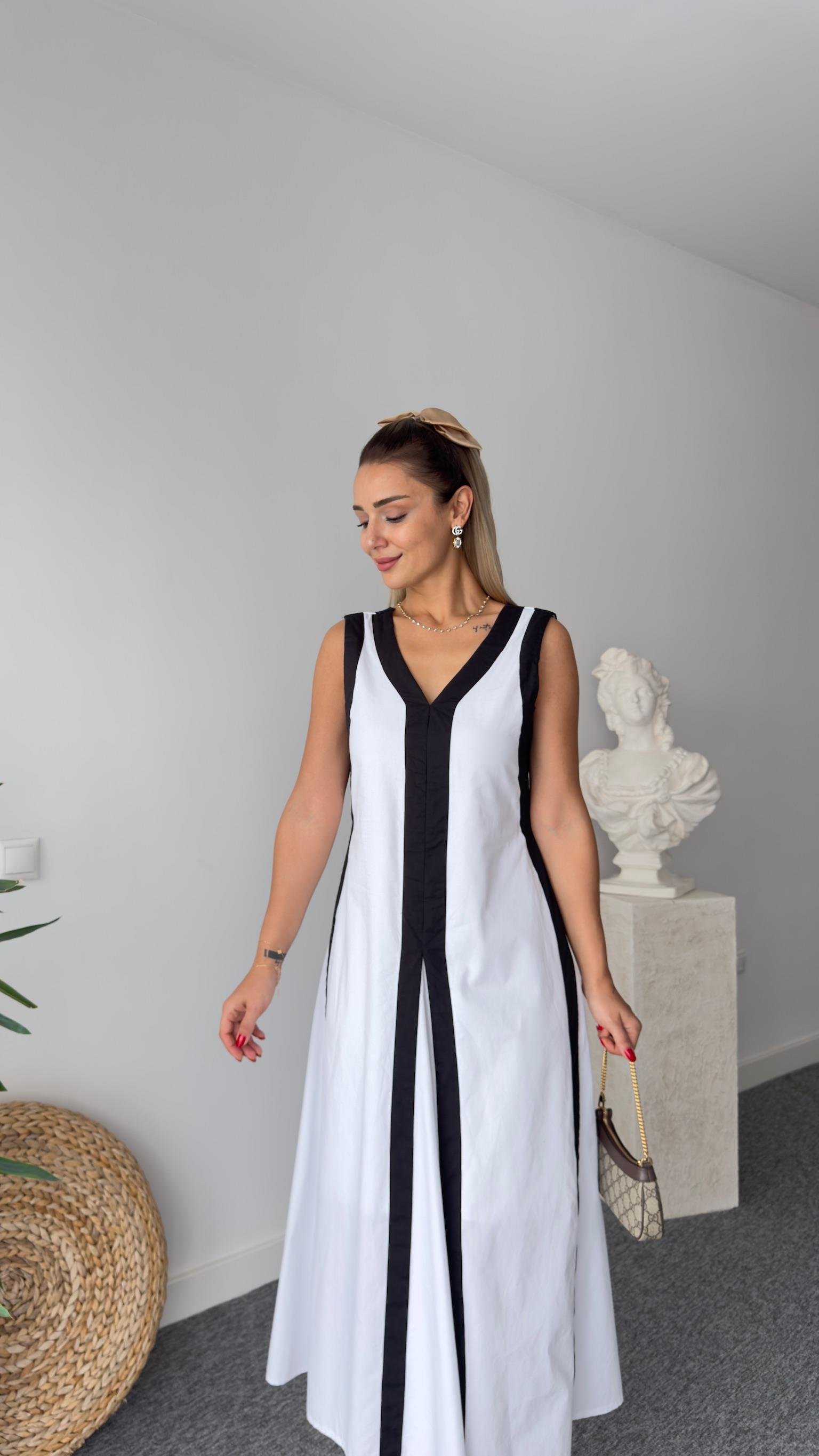 Orj Model Şerit Detaylı Beyaz Poplin Elbise 