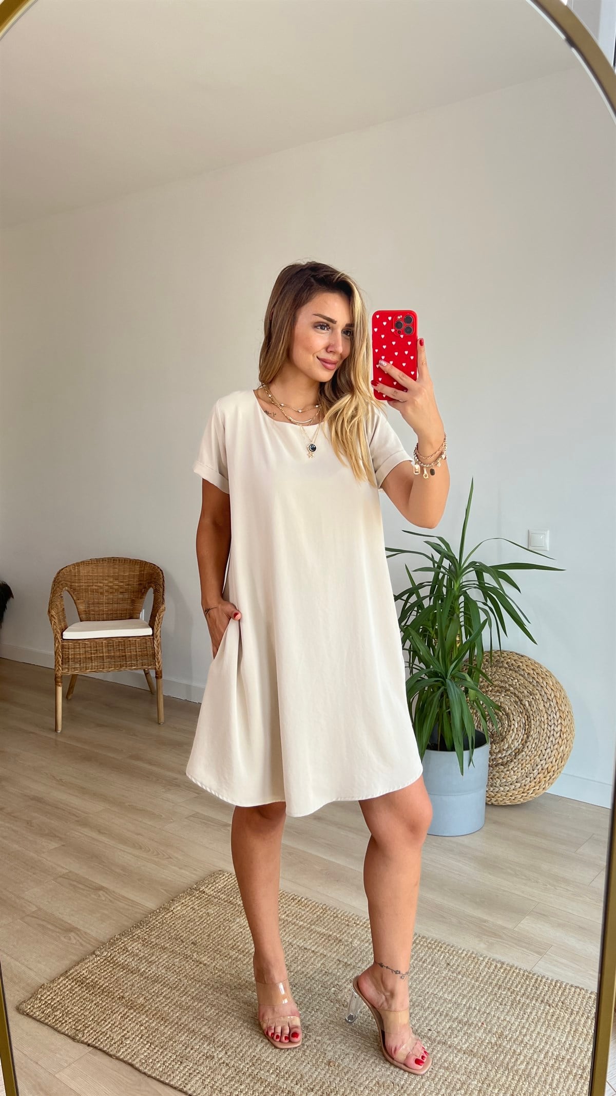 Sırtı Pile Detaylı Taş Basic Elbise