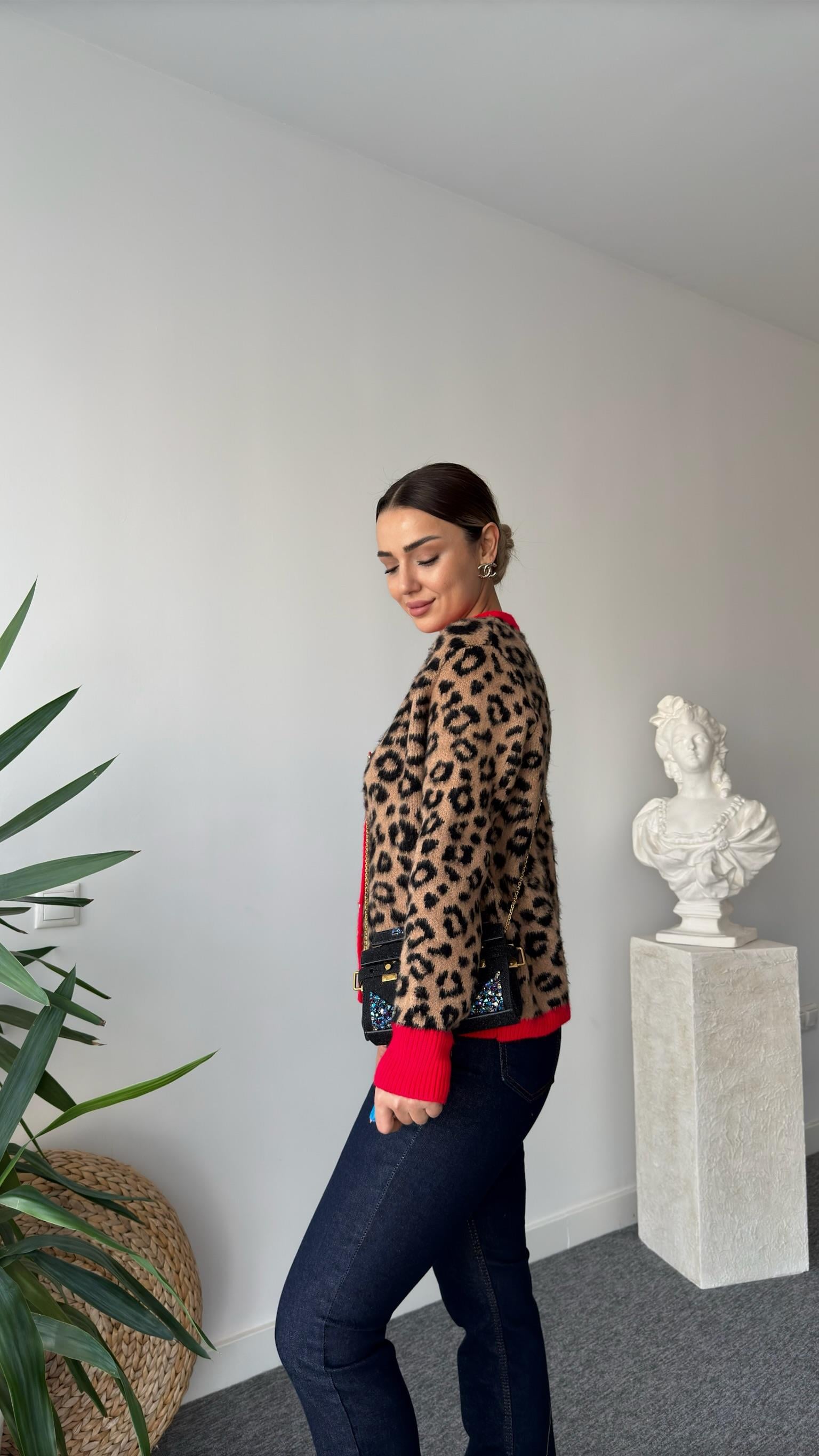 Mateo Kırmızı Şeritli Leopar Hırka