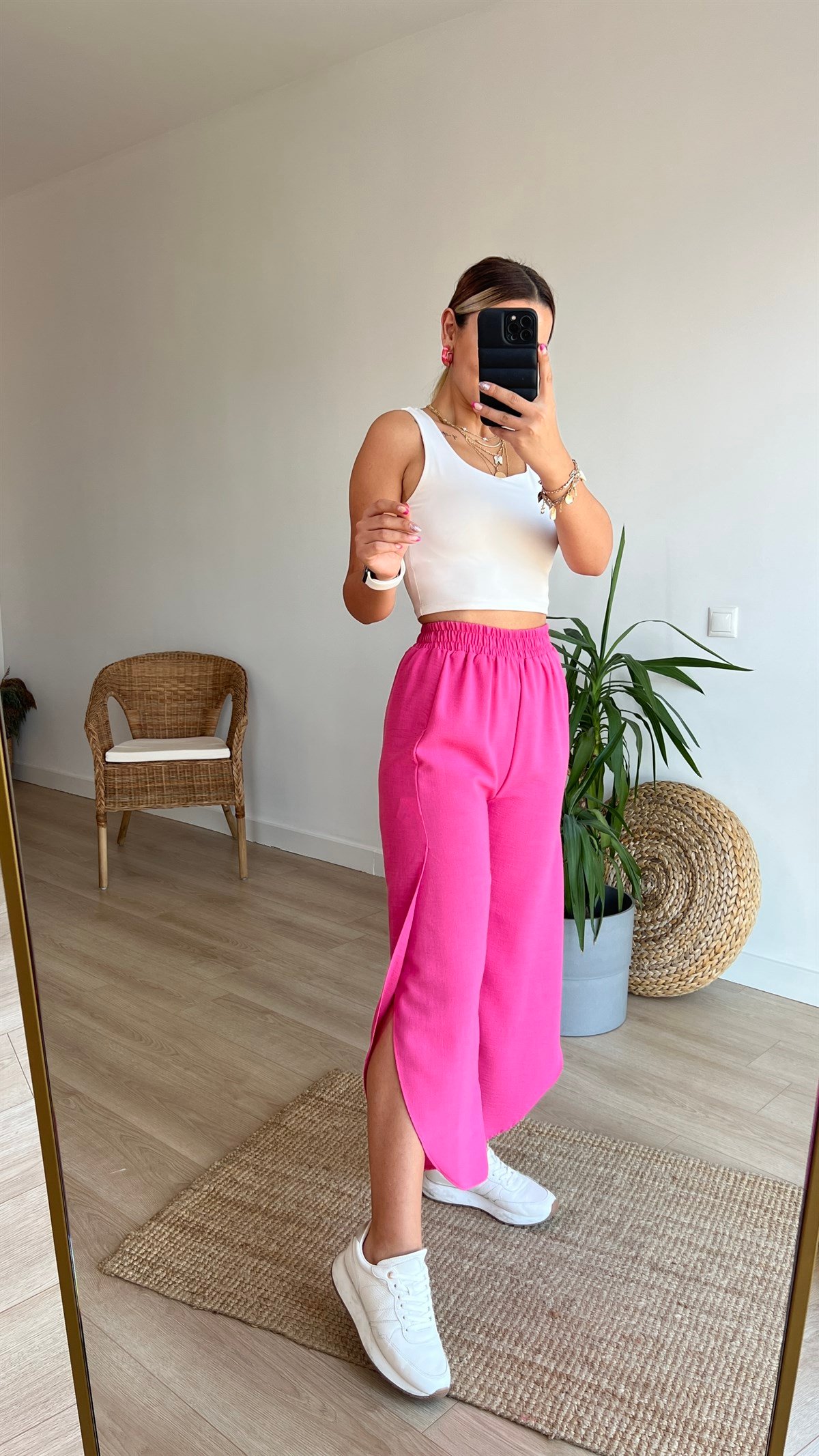 Şeker Pembe Yırtmaçlı Keten Pantolon