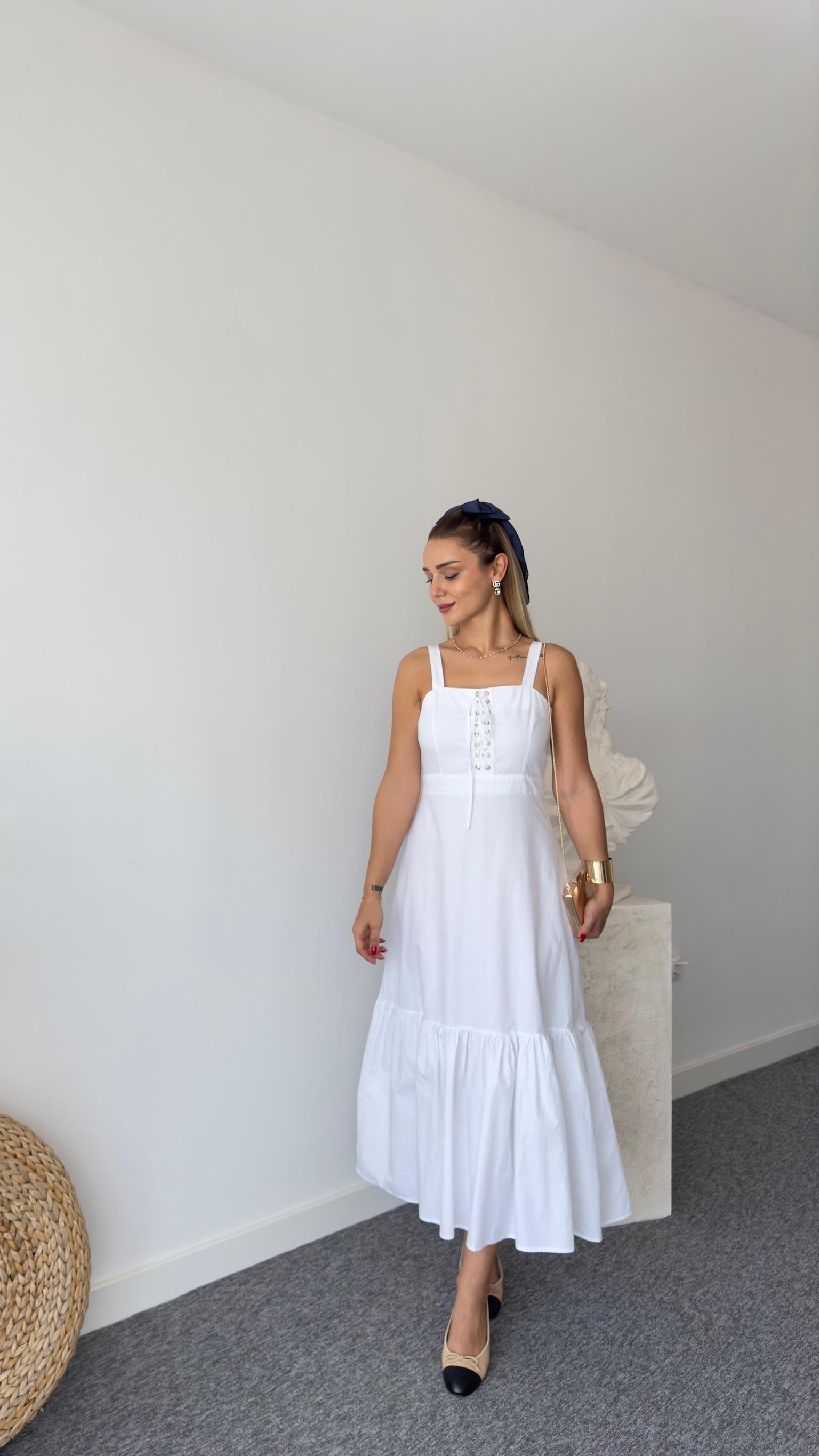 Orj Model Kuş Gözlü Beyaz Elbise 