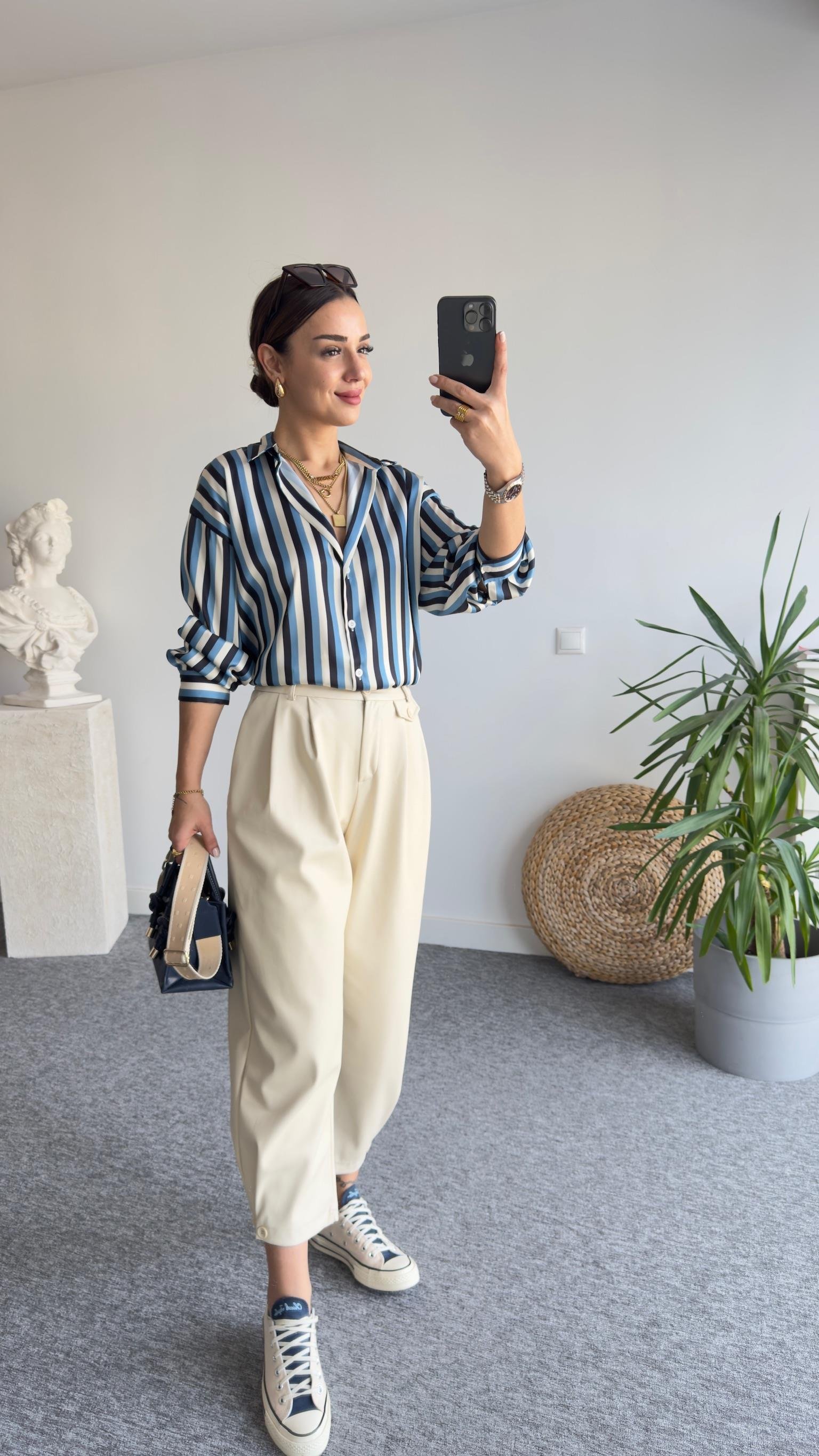 İvvi Zra Model Mavi Çizgili Saten Gömlek