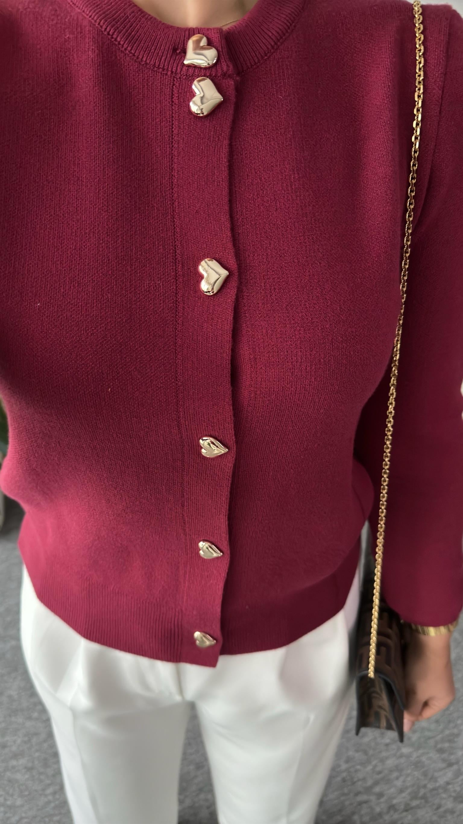 Gold Kalp Düğmeli Bordo Yumoş Hırka