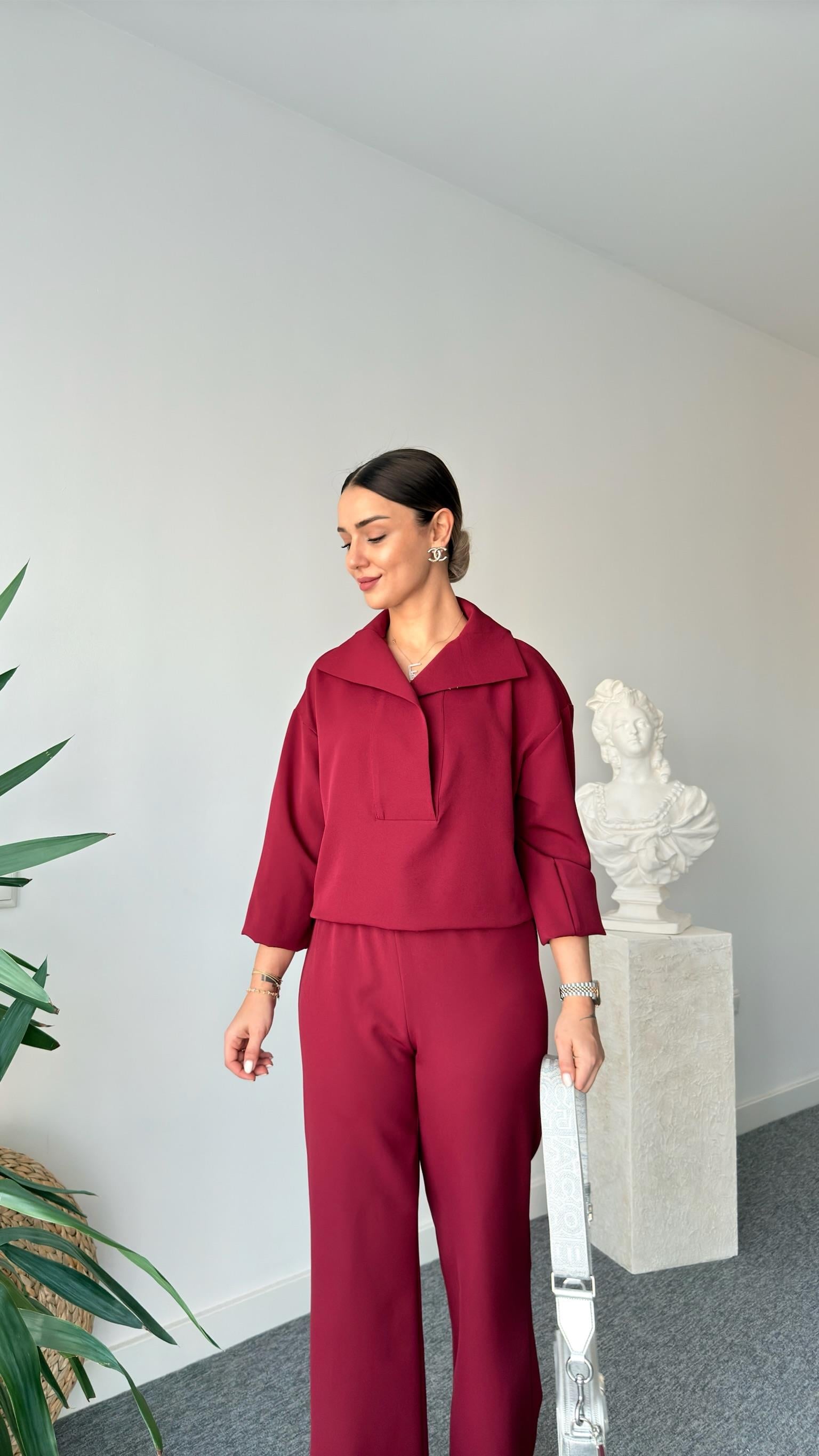 Bordo Beli Stoperli Double Takım