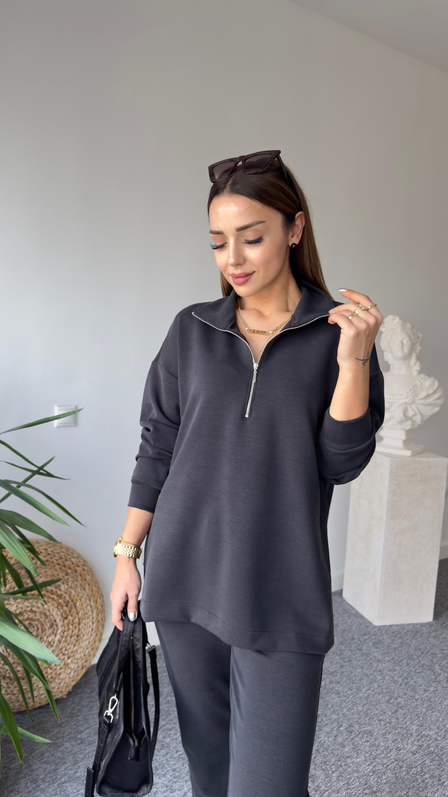 Antrasit Yarım Fermuar Modal Sweat
