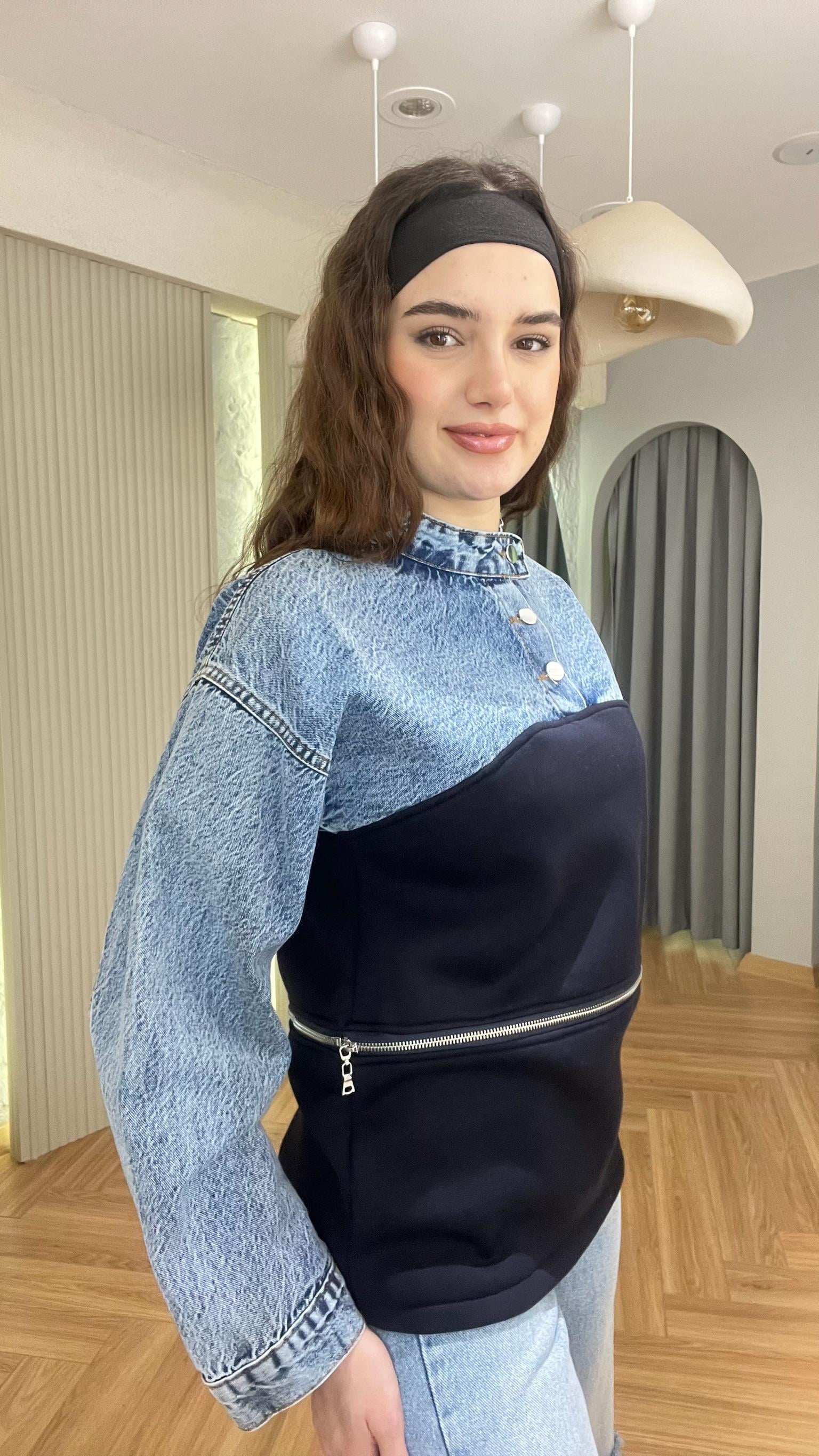 Mavi Kot Garnili Fermuarlı Sweat