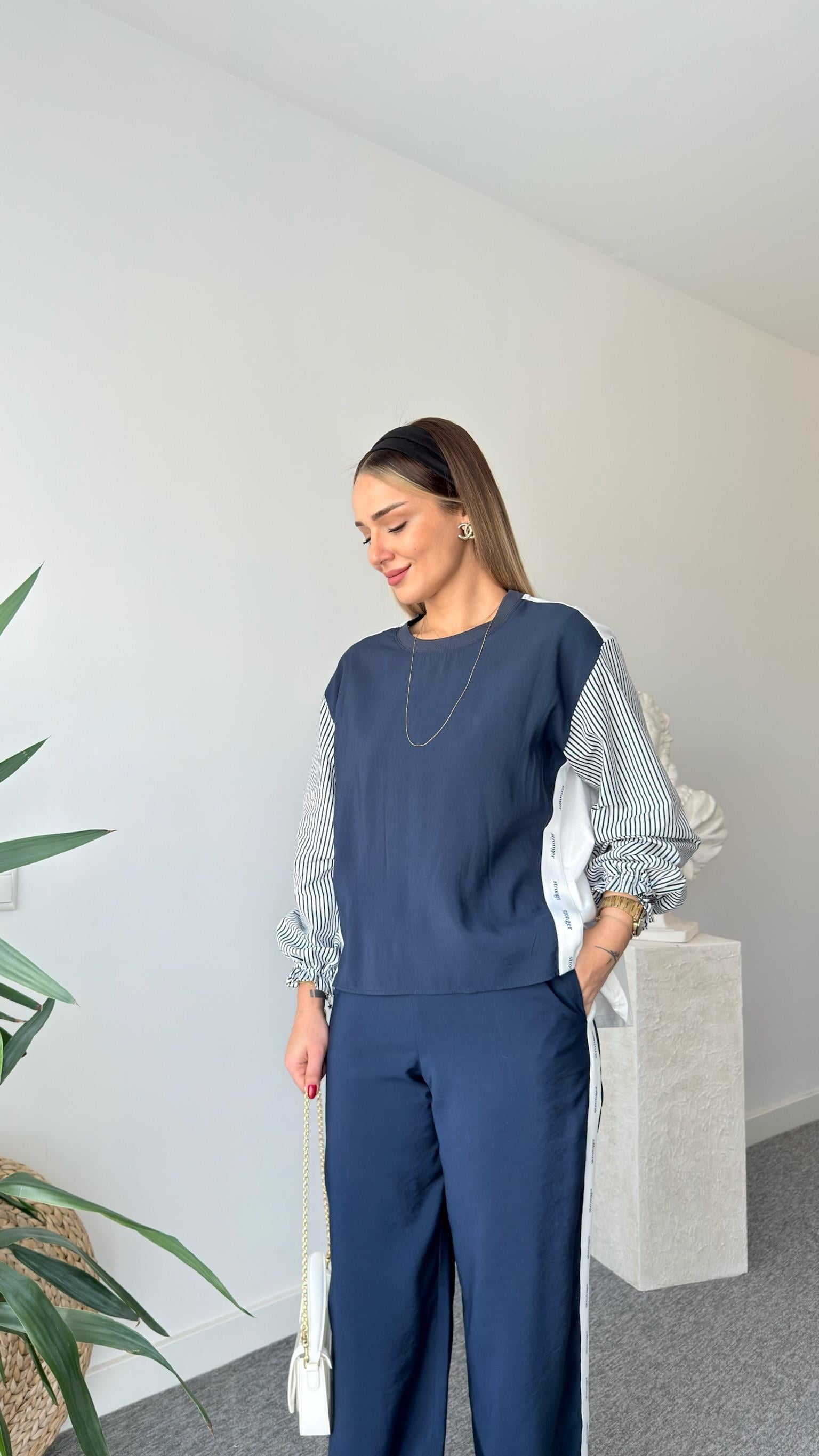 Mexa Poplin Garnili Şeritli Sweatshirt