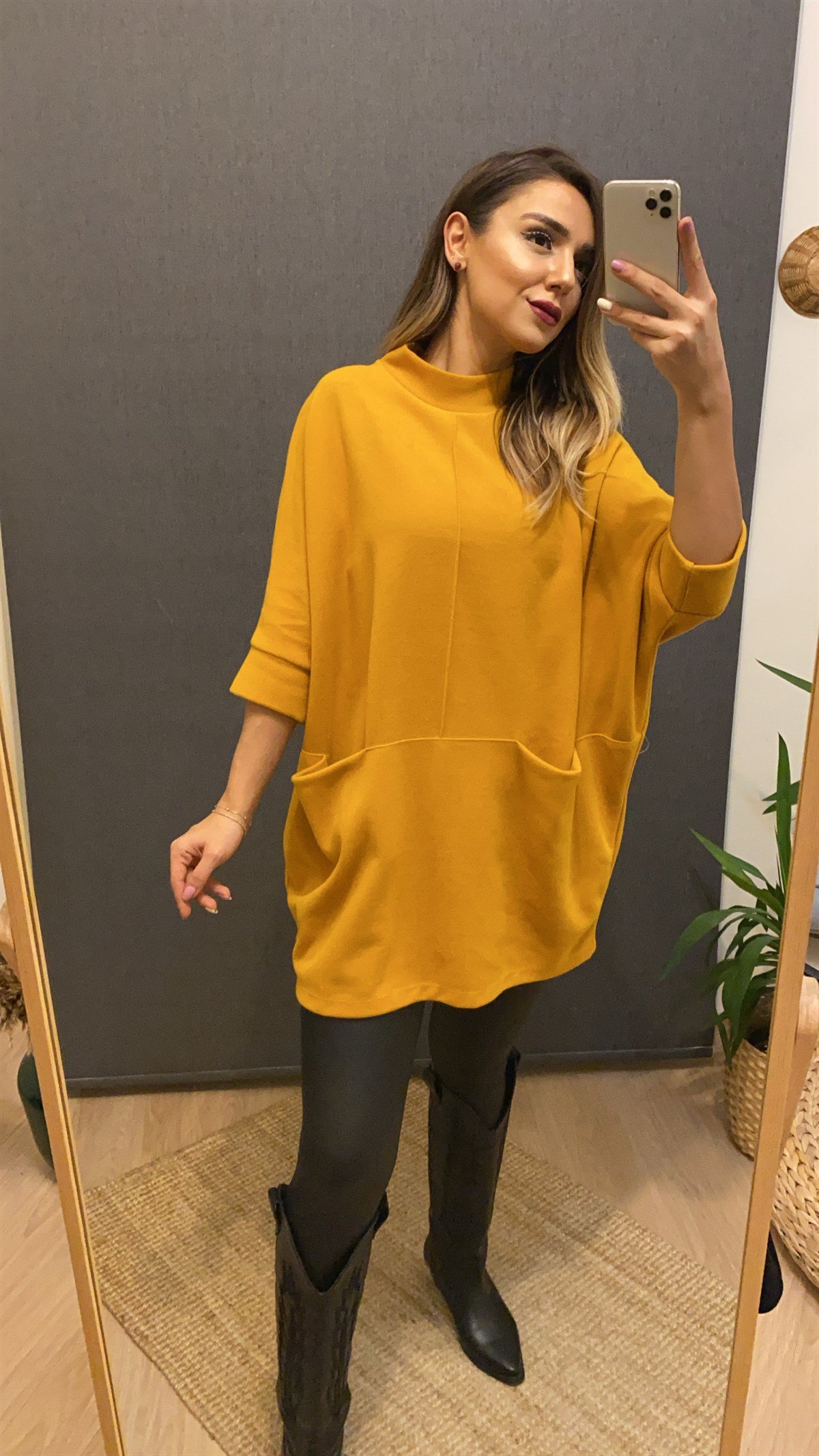 Önden Cepli Oversize Hardal Tunik