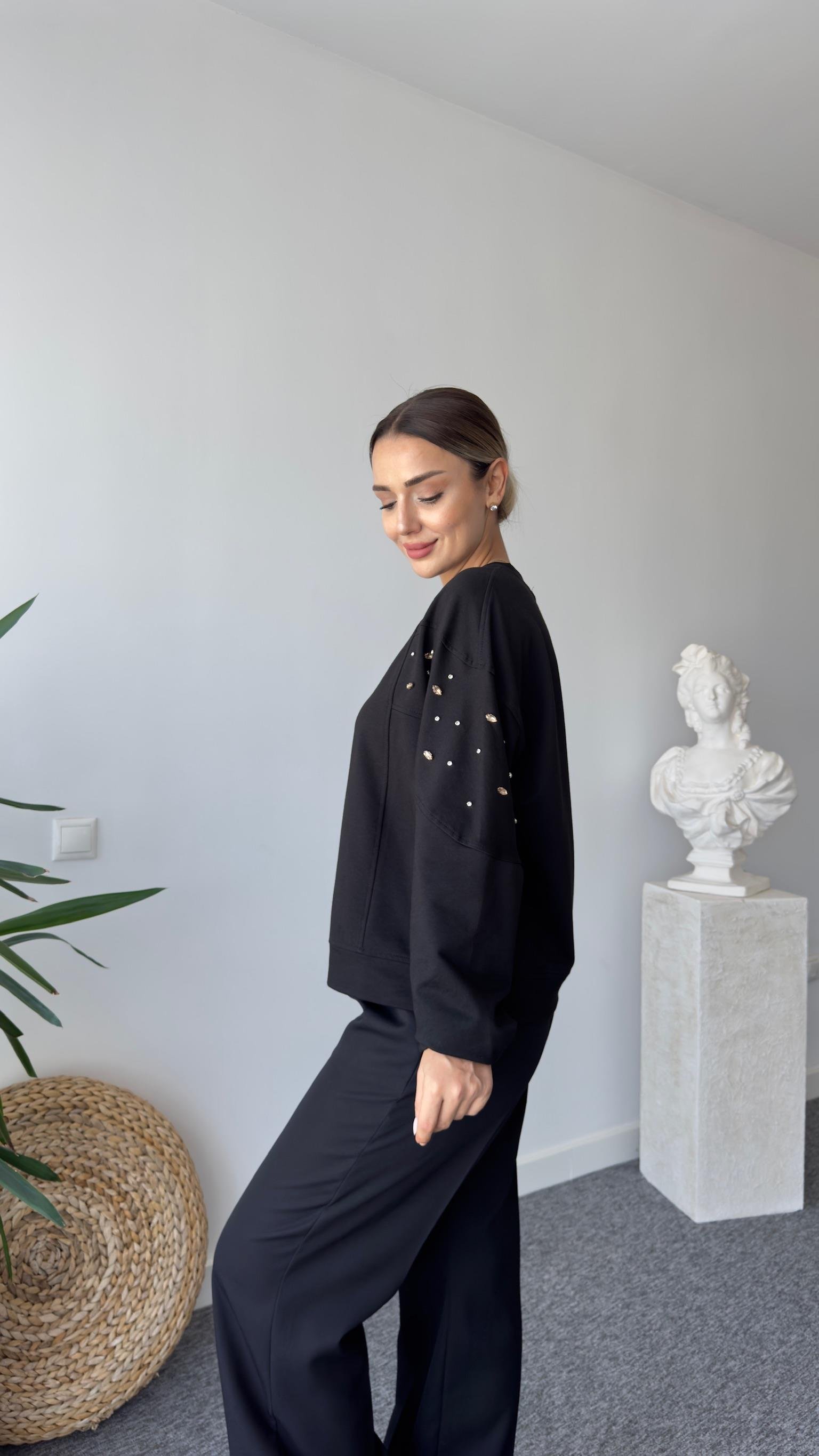 Zack Marka Model Taş Detaylı Siyah Sweatshirt