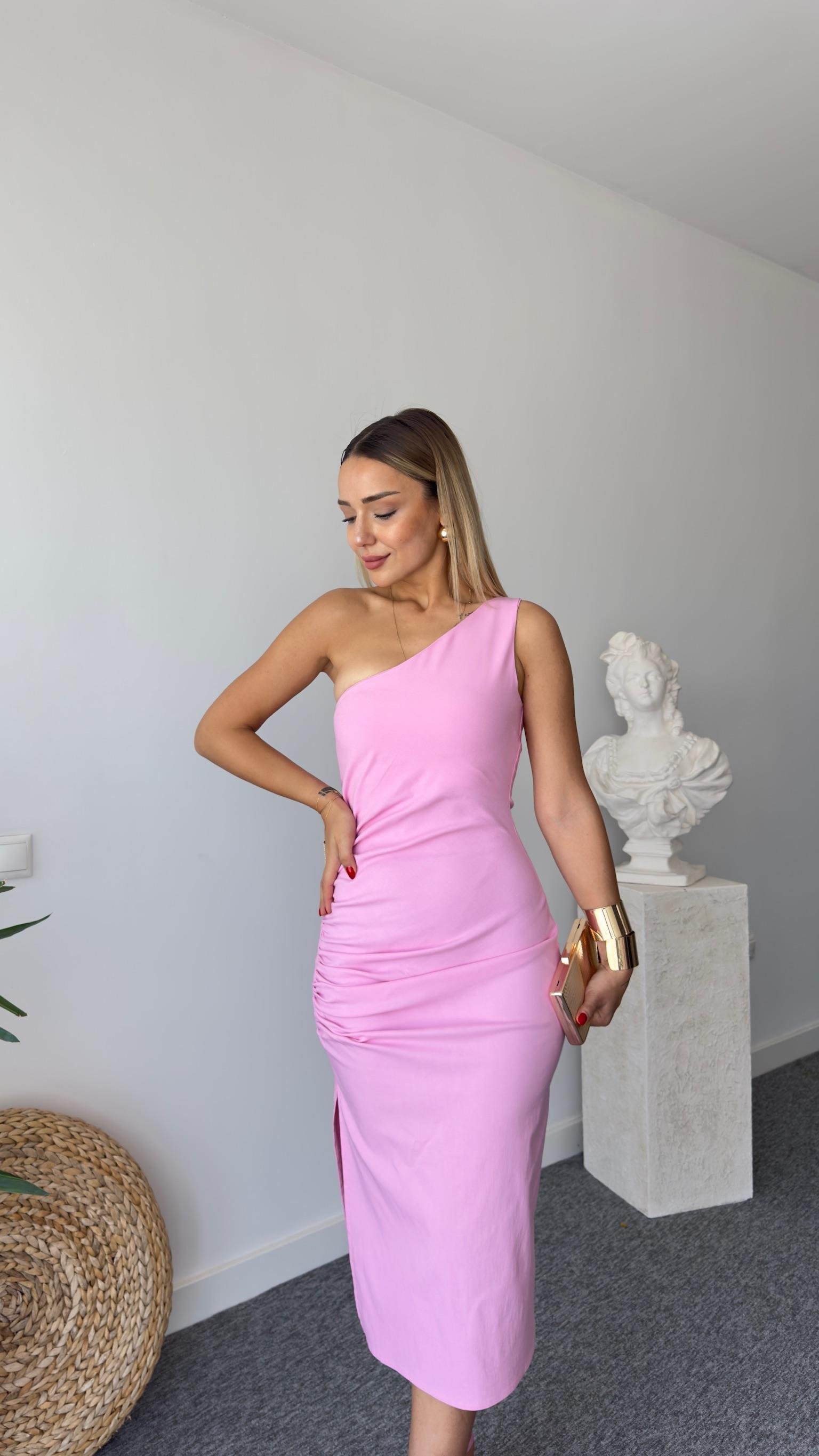 Pembe Tek Omuz Likralı Elbise 