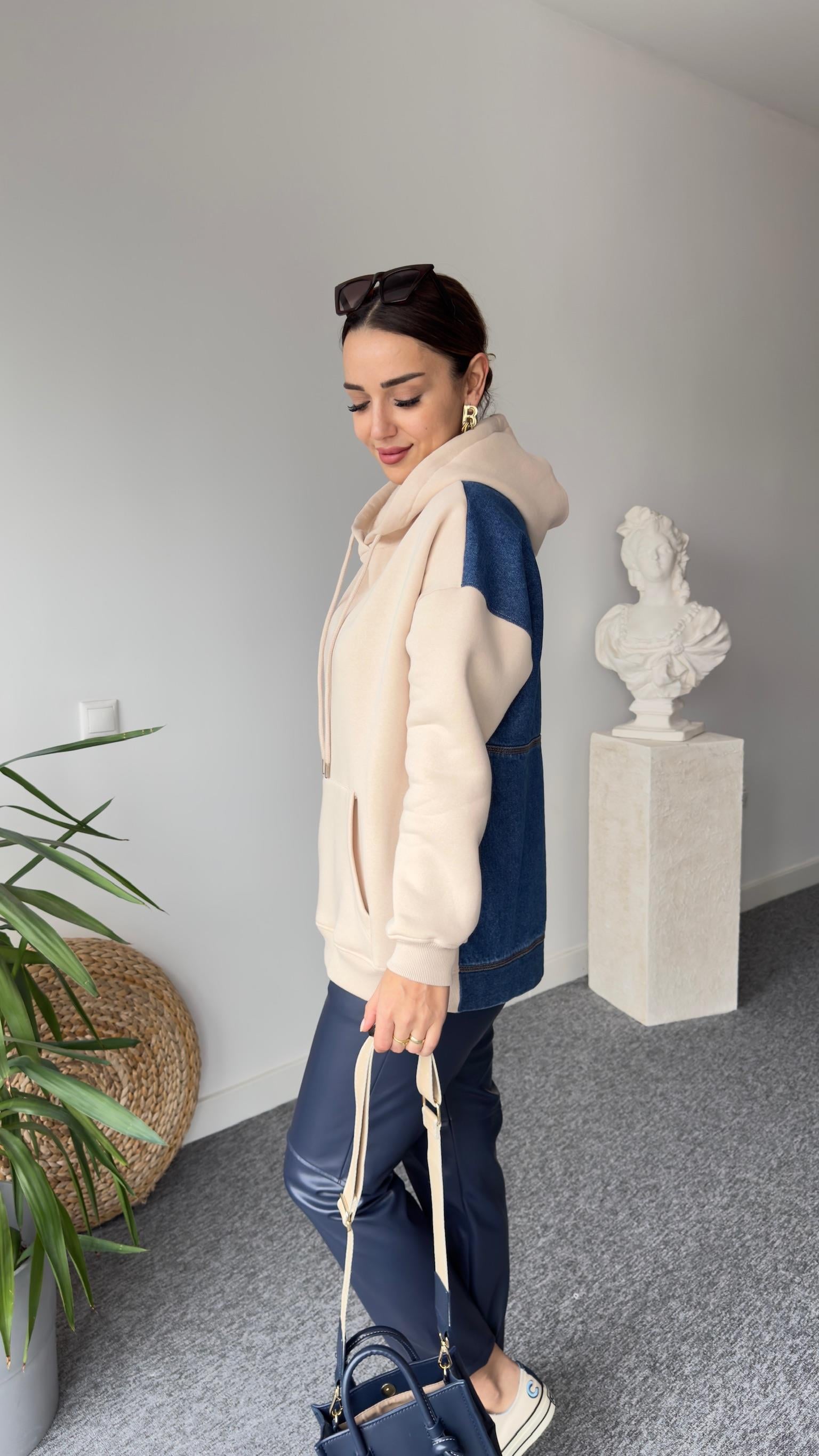 Sırt Kot Detaylı Kapüşonlu Bej Sweat