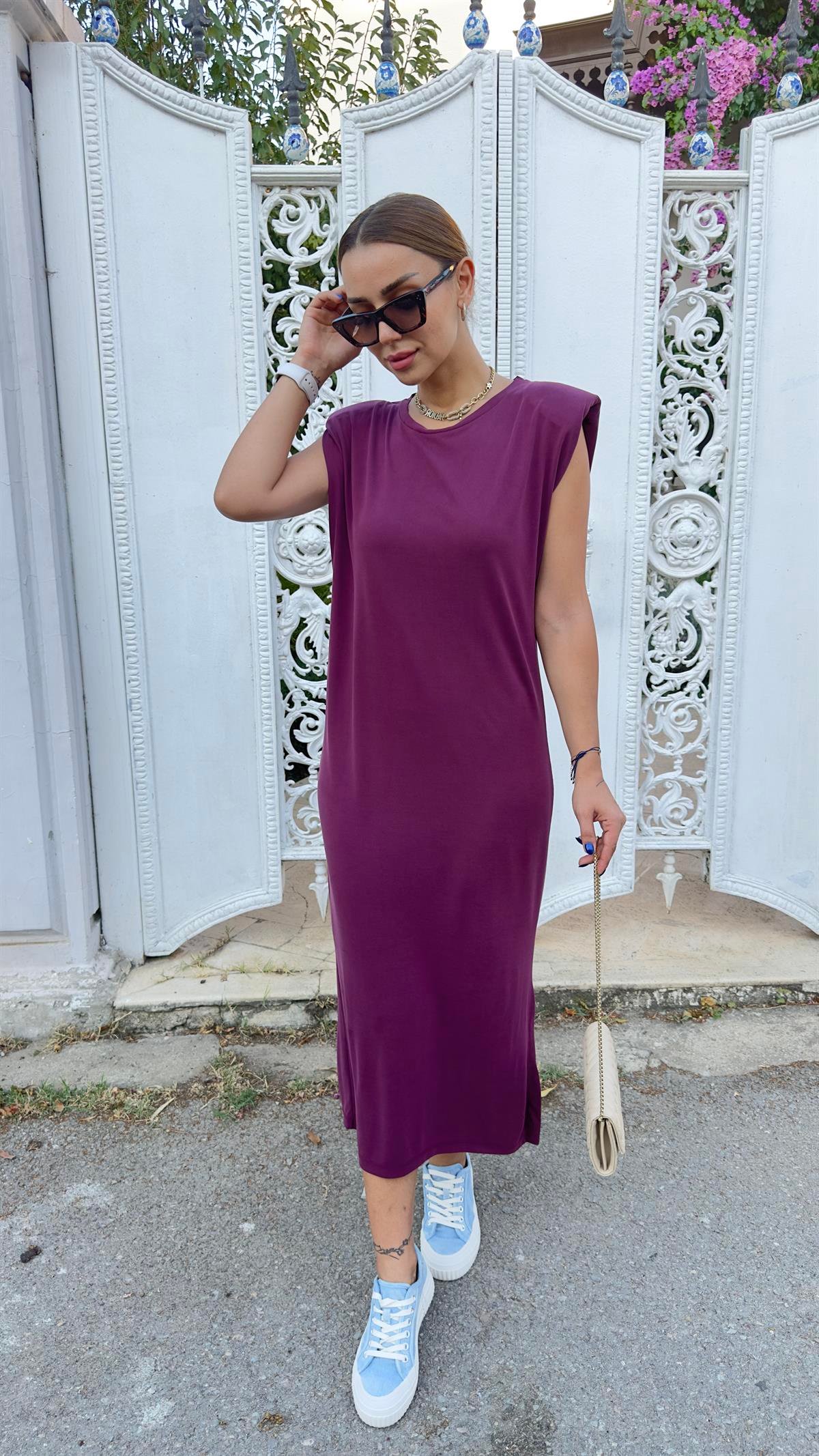 Bordo Vatkalı Modal Elbise 
