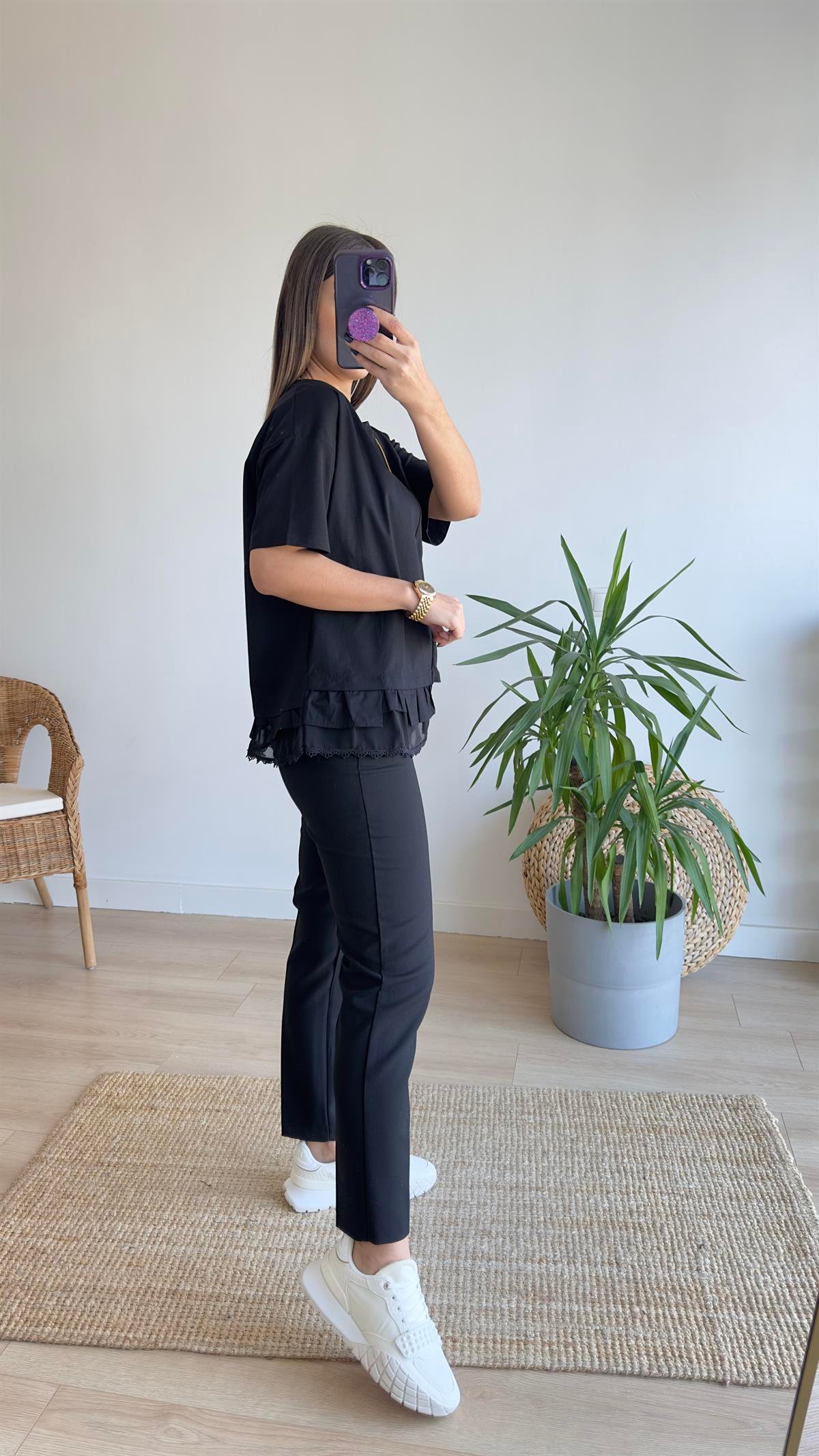 Poplin Detay Siyah Tshirt