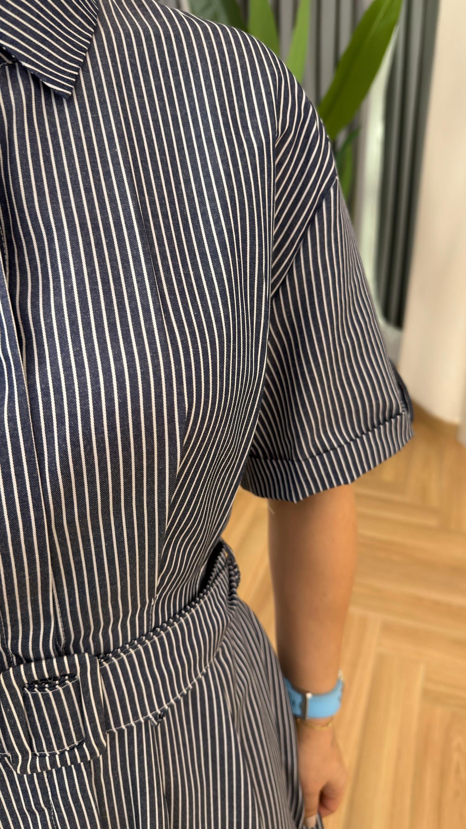 Lacivert Litary Çizgili Poplin Elbise 