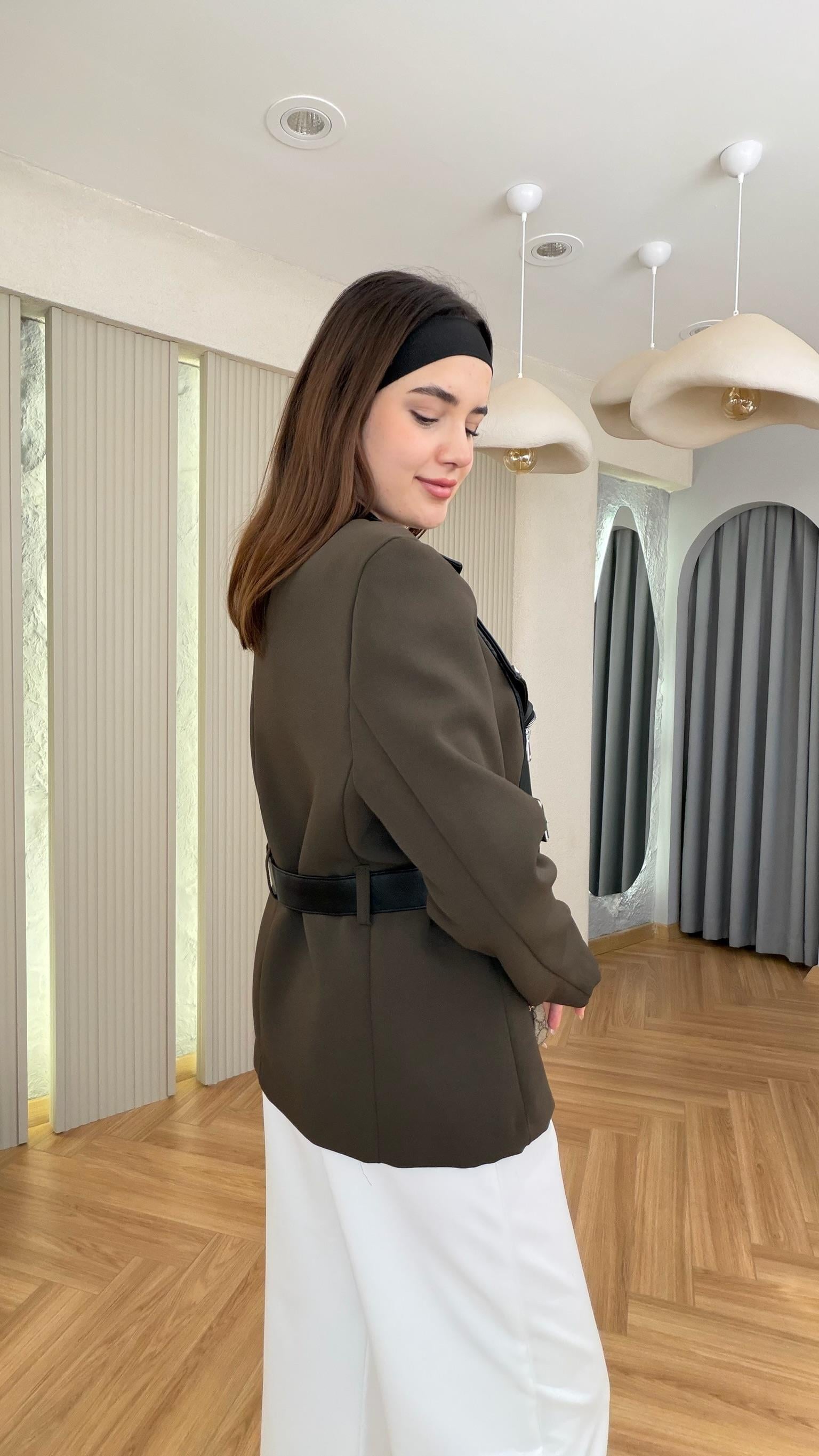Haki Nifra Deri Garnili Tasarım Ceket