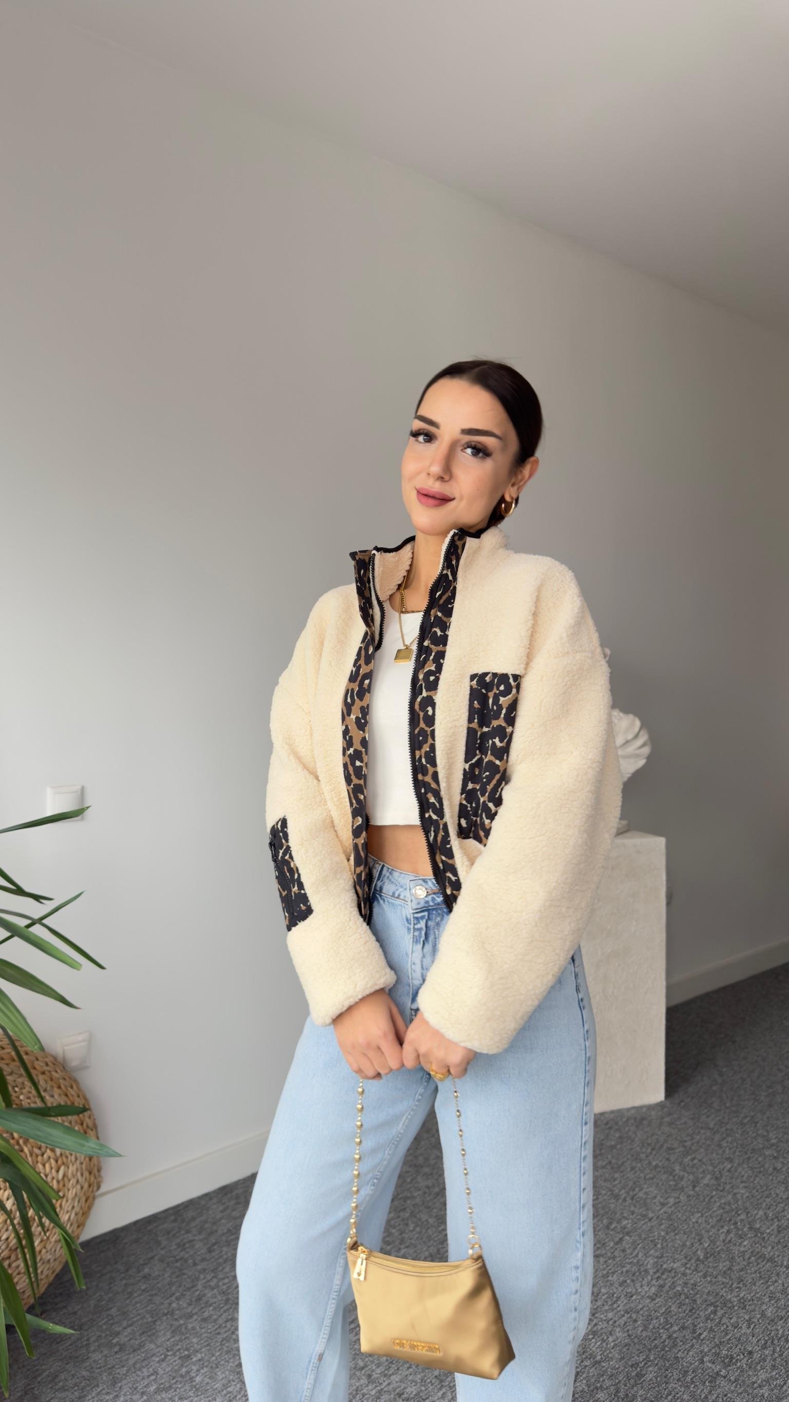 Leopar Detaylı Astarlı Teddy Ceket