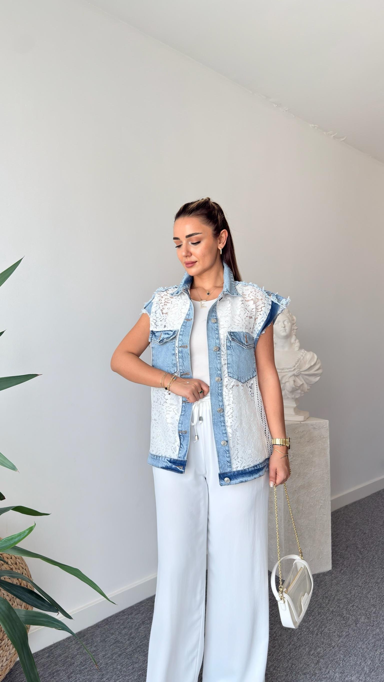 Dantel File Mix Denim Yelek