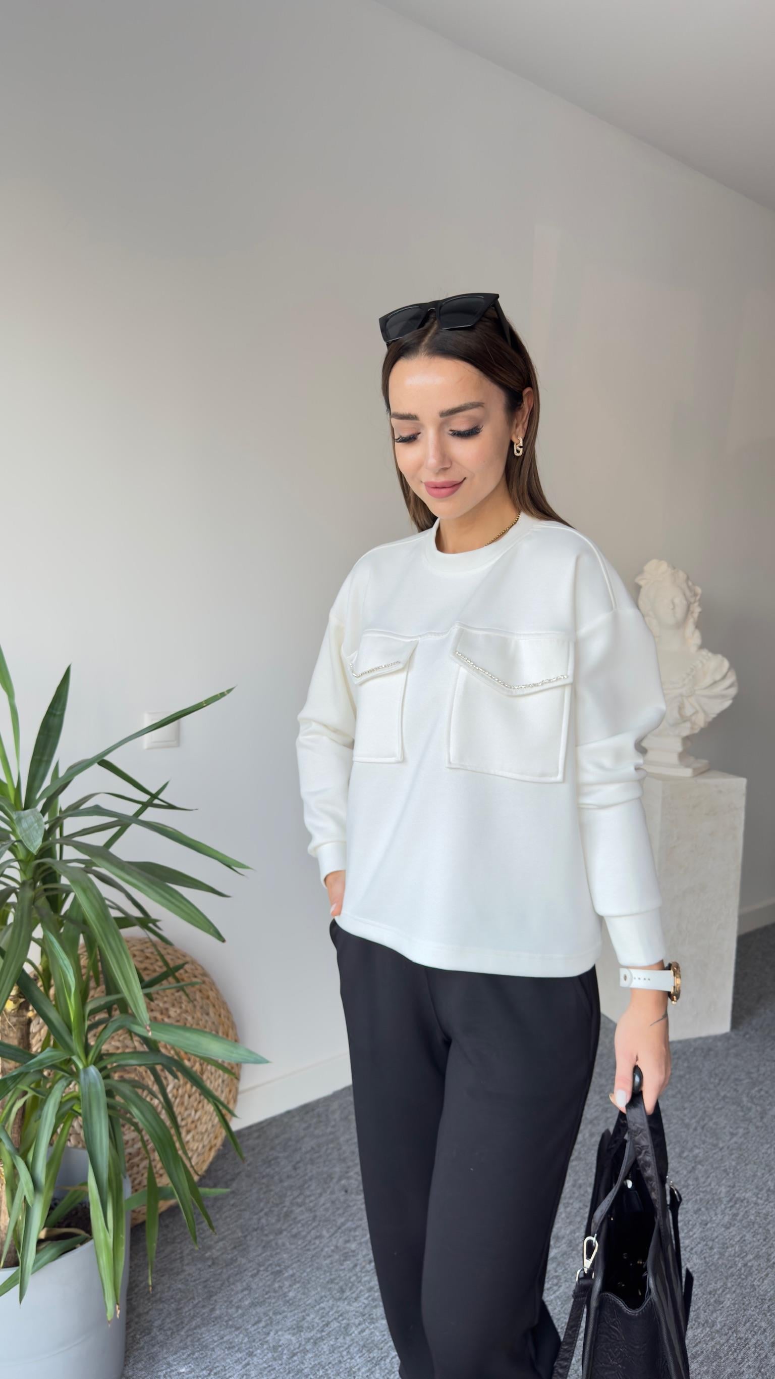 Orj Model Cepleri Taş Şeritli Modal Beyaz Sweat