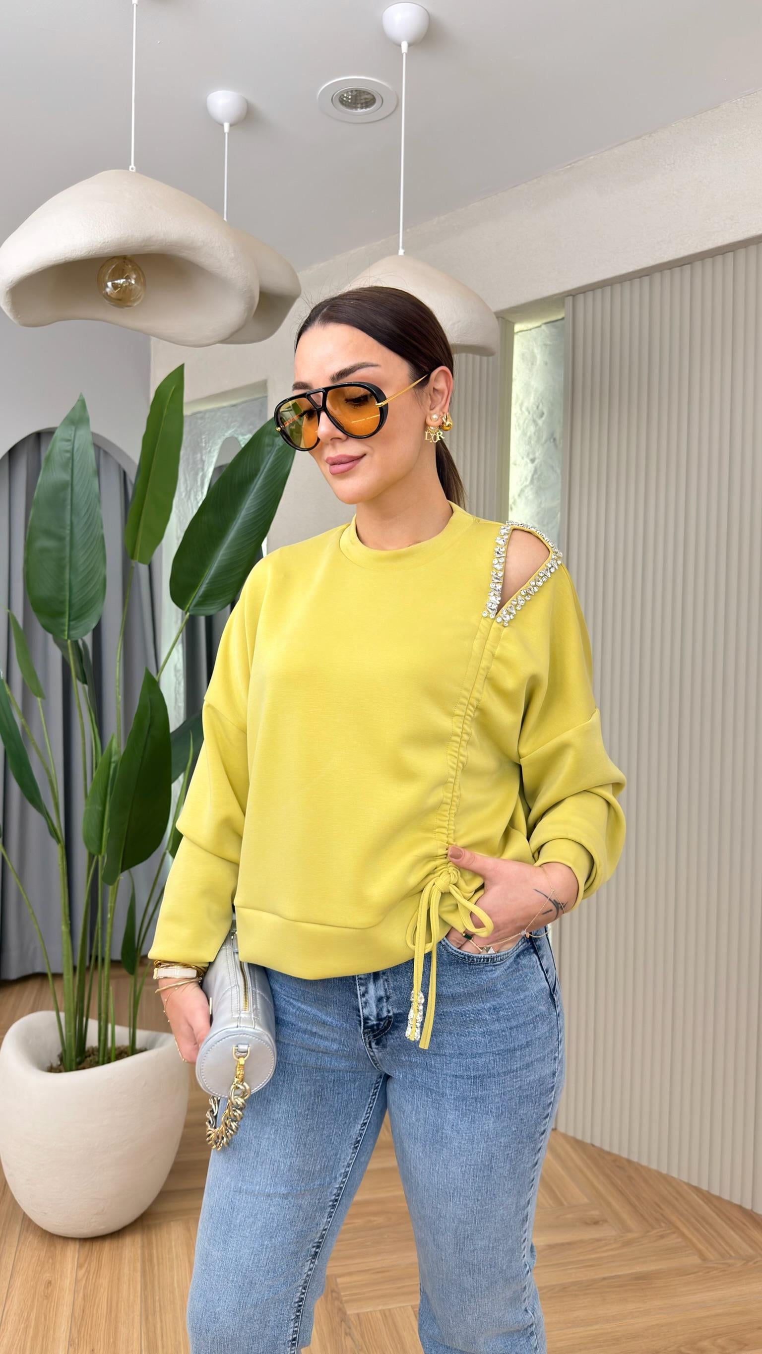 Yeşil Taş Detay Büzgülü Modal Sweat