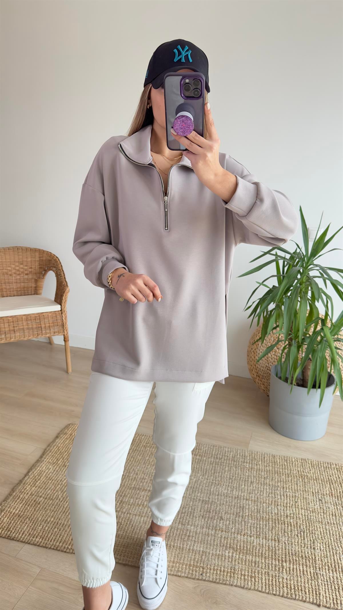 Yarım Fermuar Bej Modal Sweat