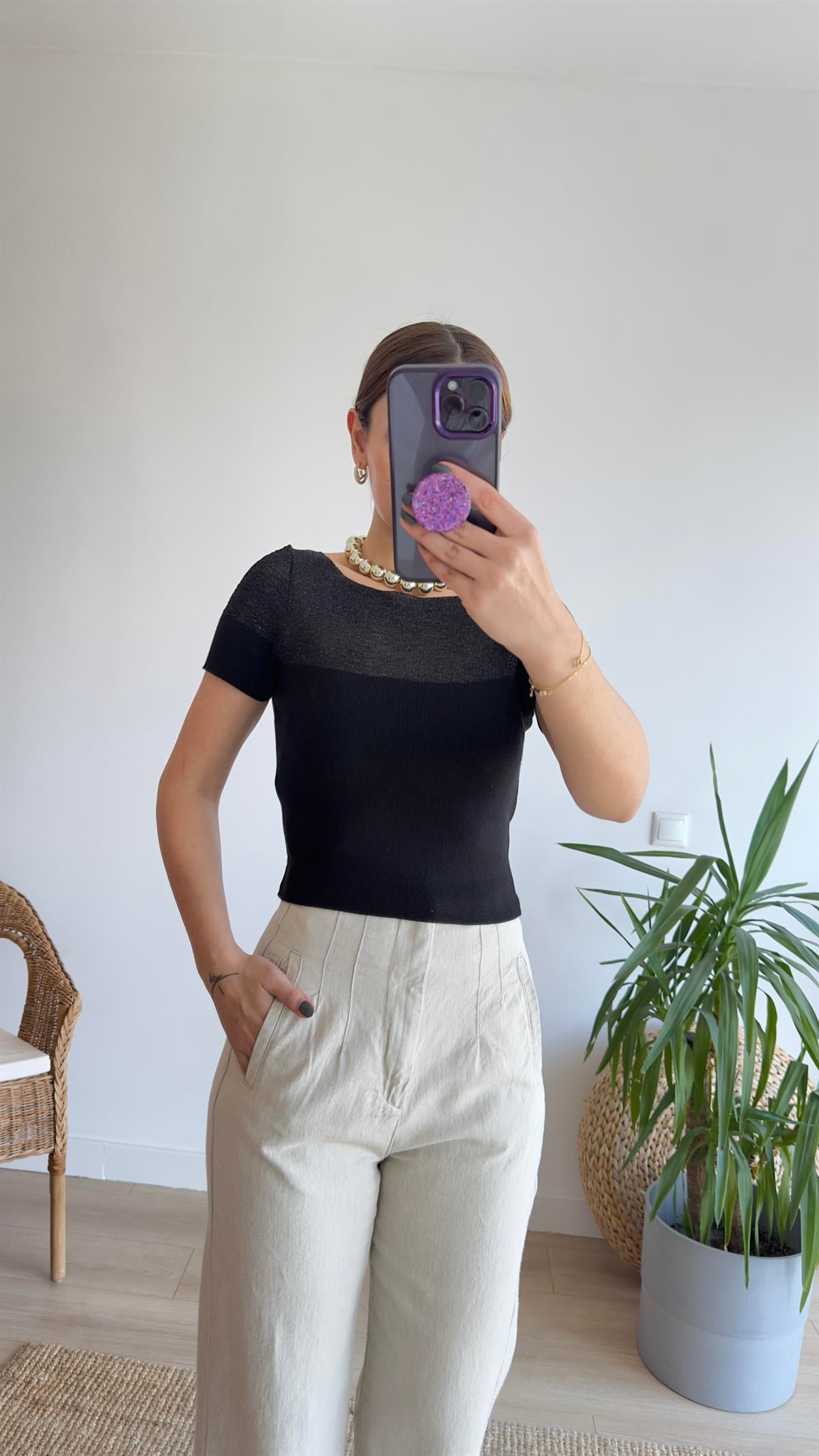 Zra Model Simli Siyah Bluz